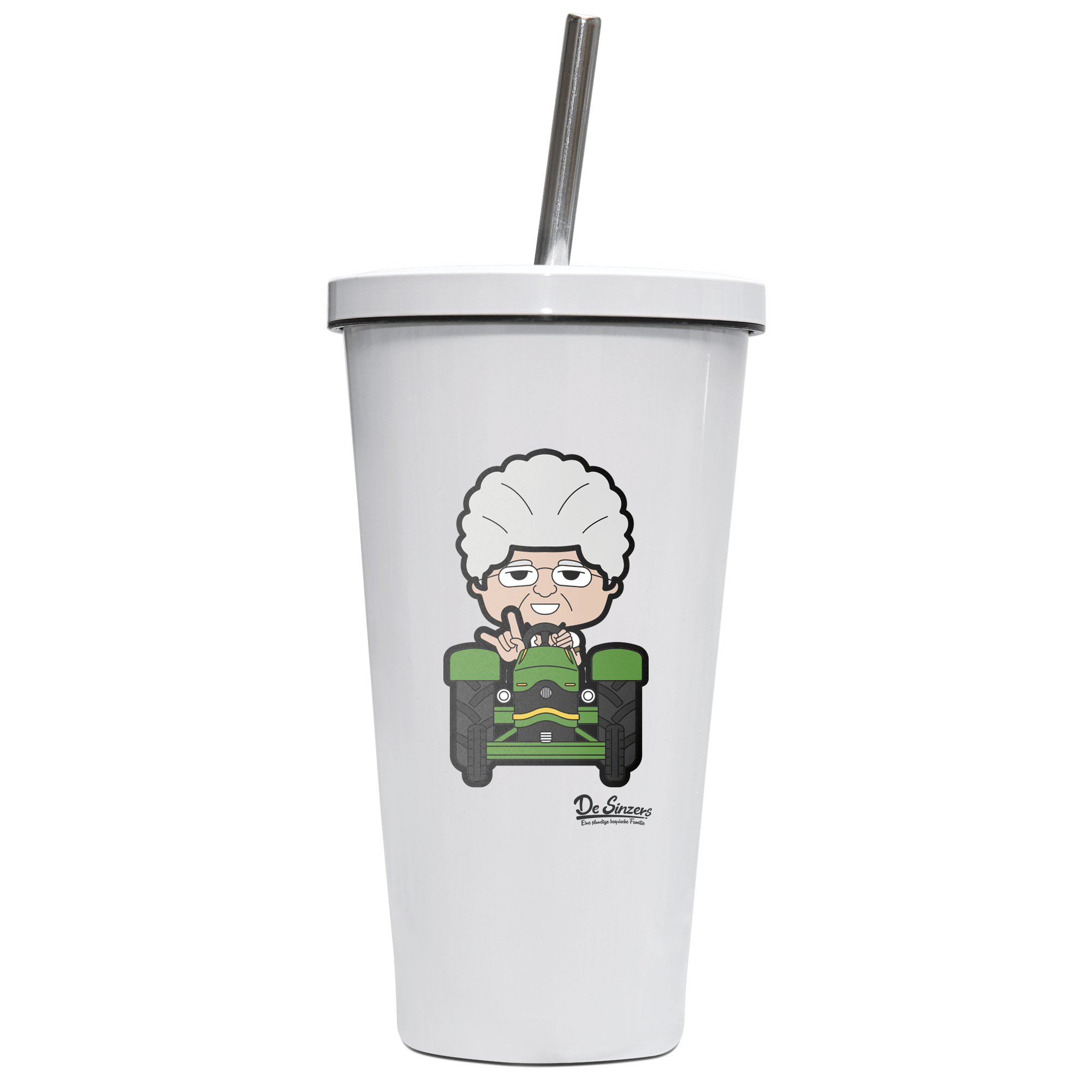 Die Oid Sinzerin Bulldog Edelstahl Trinkbecher mit Strohhalm 480ml Weiss Krottenkopf Front