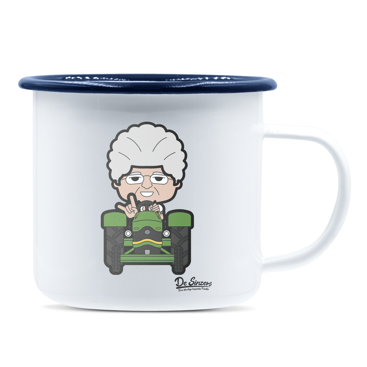 Die Oid Sinzerin Bulldog Emaille Tasse 375ml Weiss Blau Heuberg Front