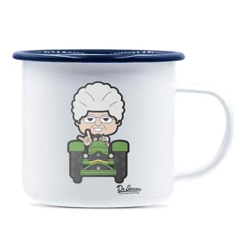 Die Oid Sinzerin Bulldog Emaille Tasse 375ml Weiss Blau Heuberg Front