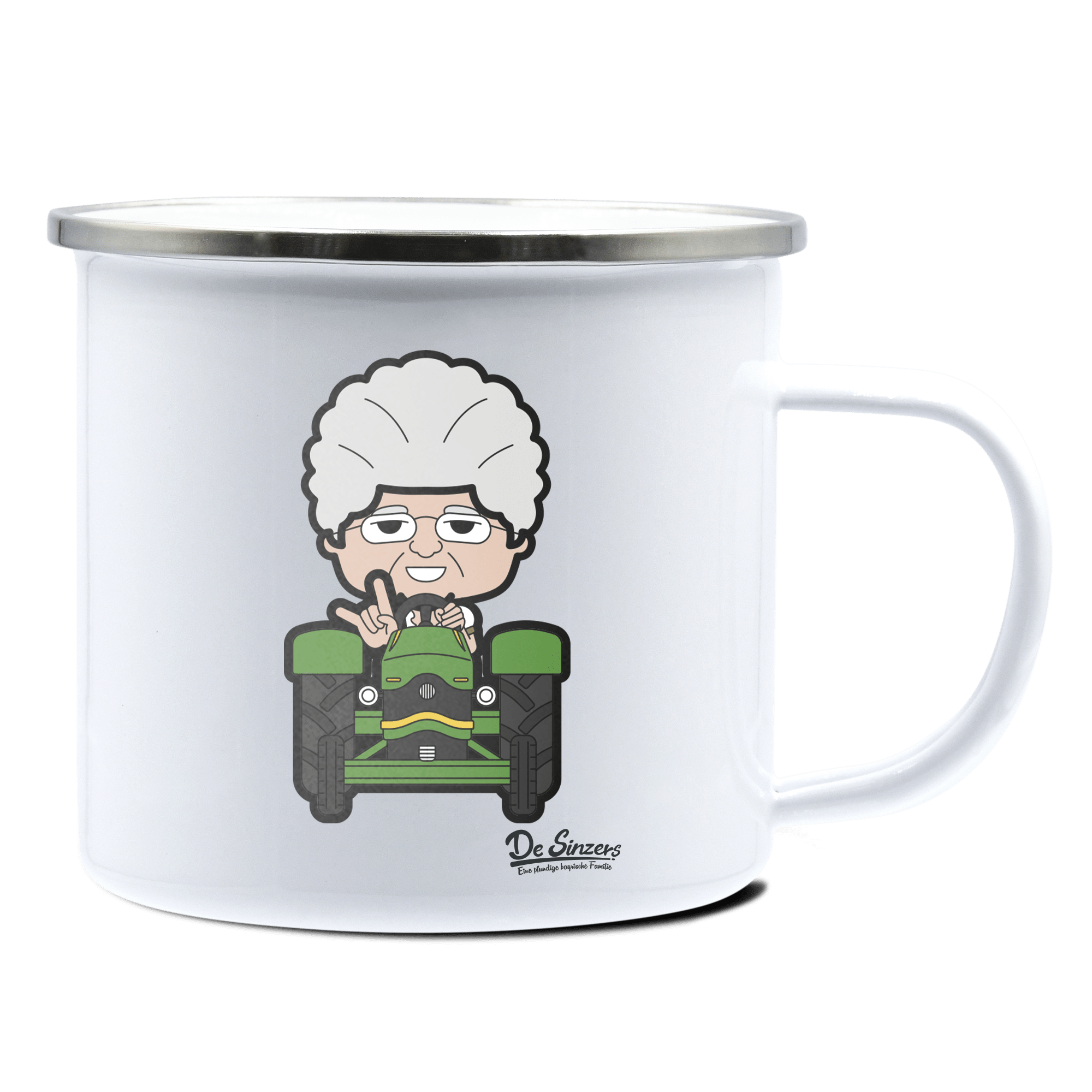 Die Oid Sinzerin Bulldog Emaille Tasse 375ml Weiss Silber Kampenwand Front