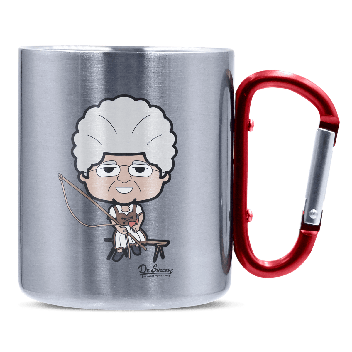 Die Oid Sinzerin Goasslschnoizer Edelstahl Kaffeetasse roter Karabiner 320ml Kitzstein Front