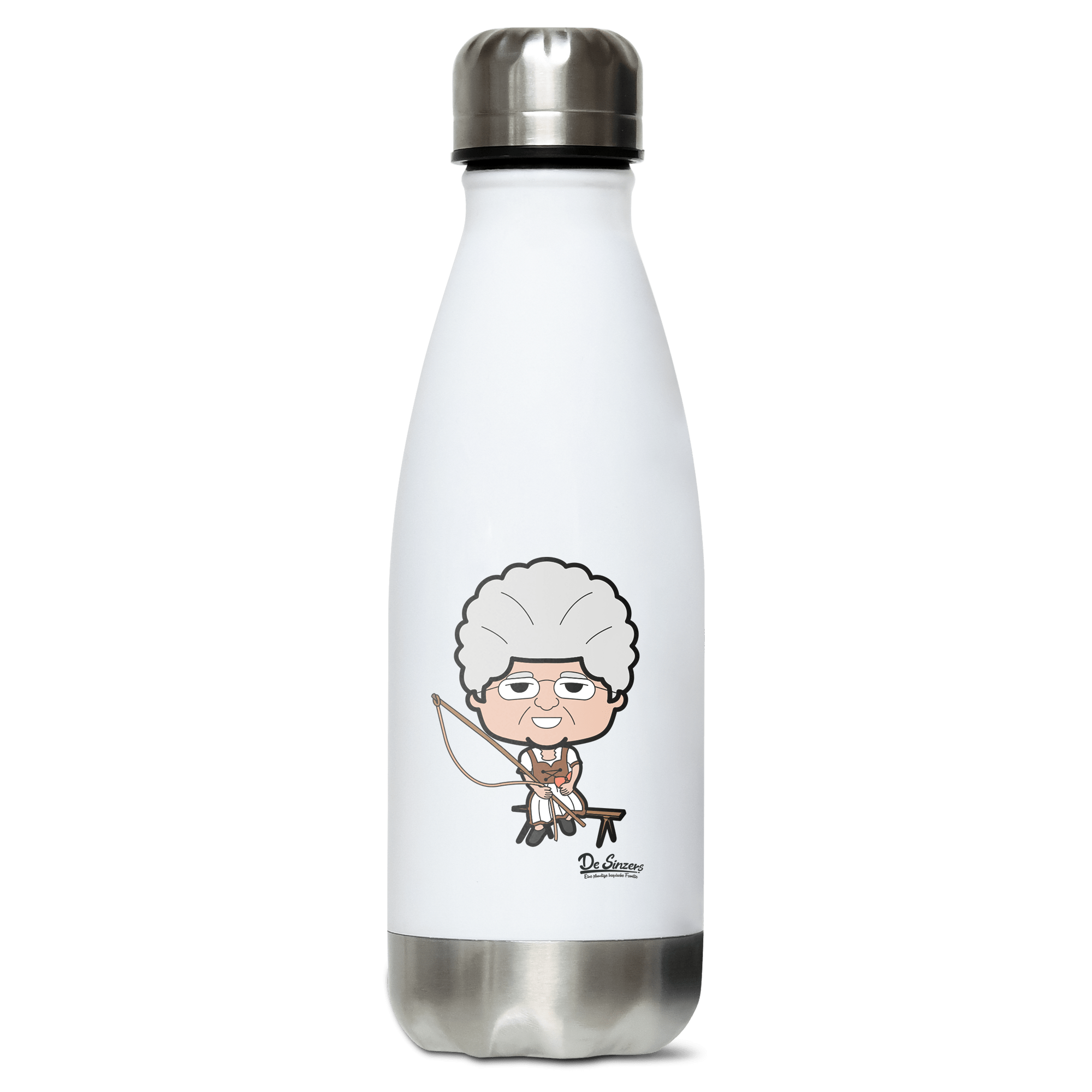 Die Oid Sinzerin Goasslschnoizer Edelstahl Thermoflasche 350ml Weiss Silber Kreuzspitze Front