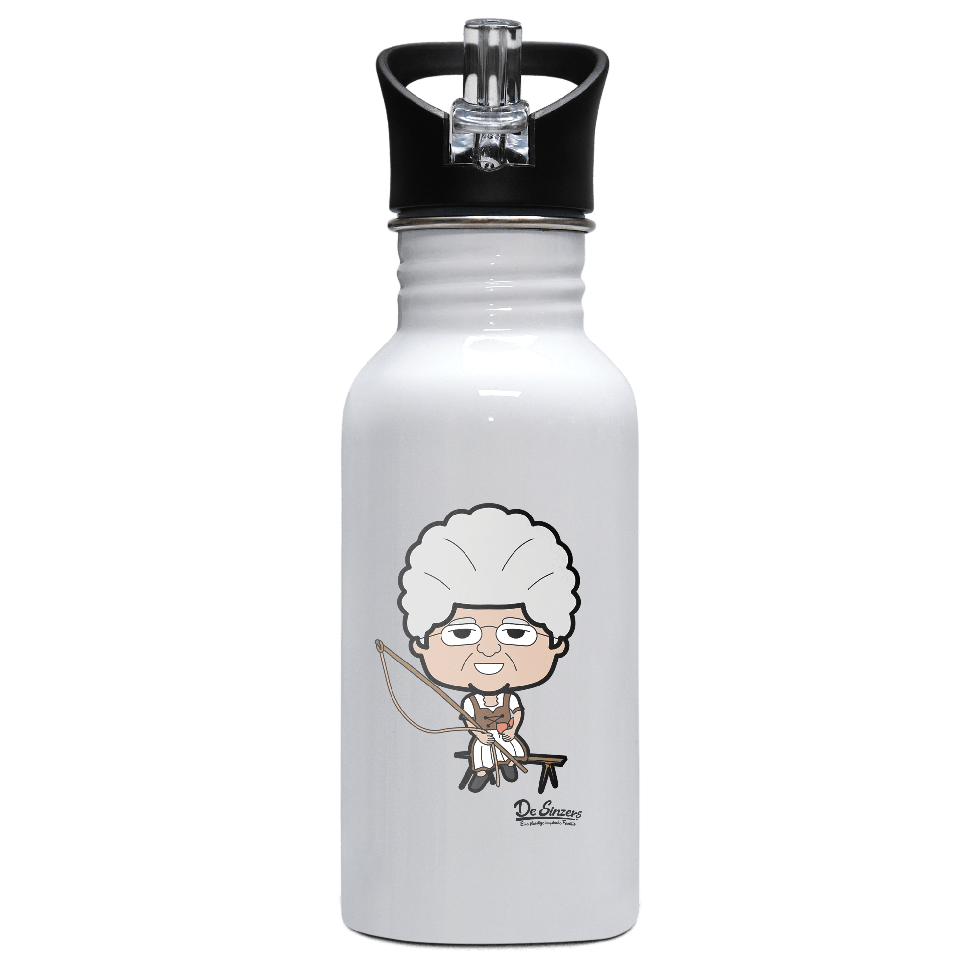 Die Oid Sinzerin Goaßlschnoizer Edelstahl Trinkflasche mit klappbarem Mundstueck 500ml Weiss Rotwand Front