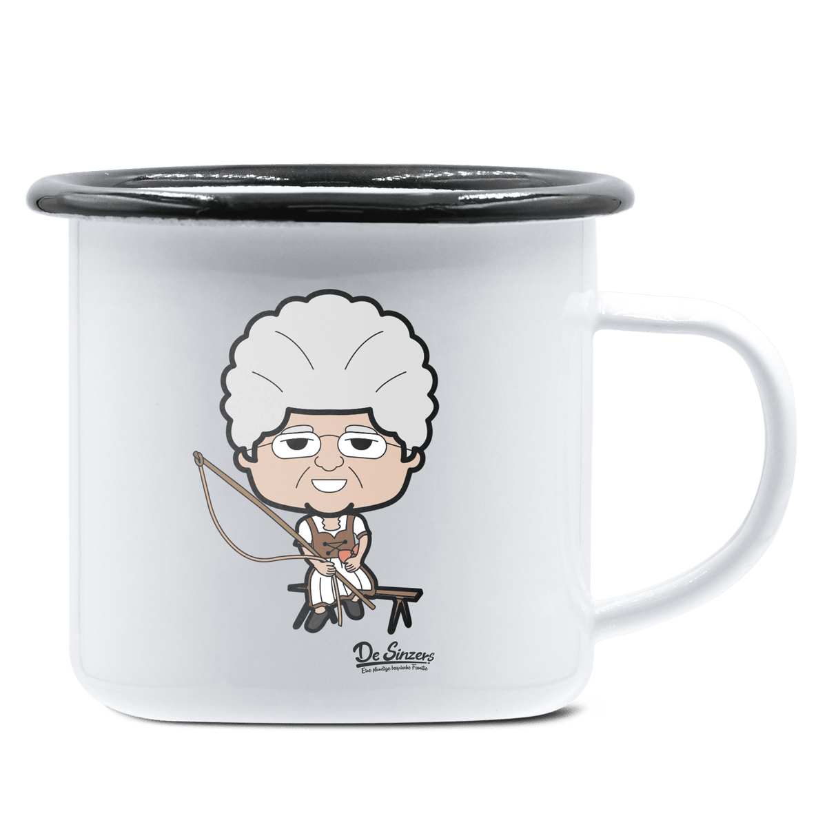 Die Oid Sinzerin Goasslschnoizer Emaille Tasse 375ml Weiss Schwarz Hochries Front