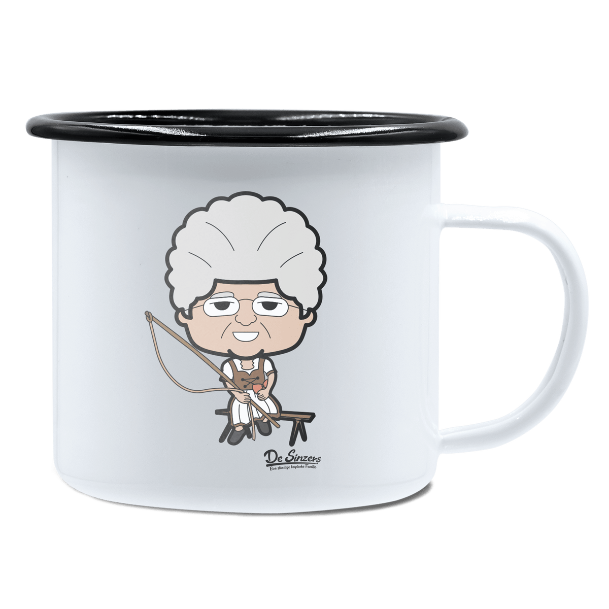 Die Oid Sinzerin Goasslschnoizer Emaille Tasse 450ml Weiss Schwarz Spitzstein Front