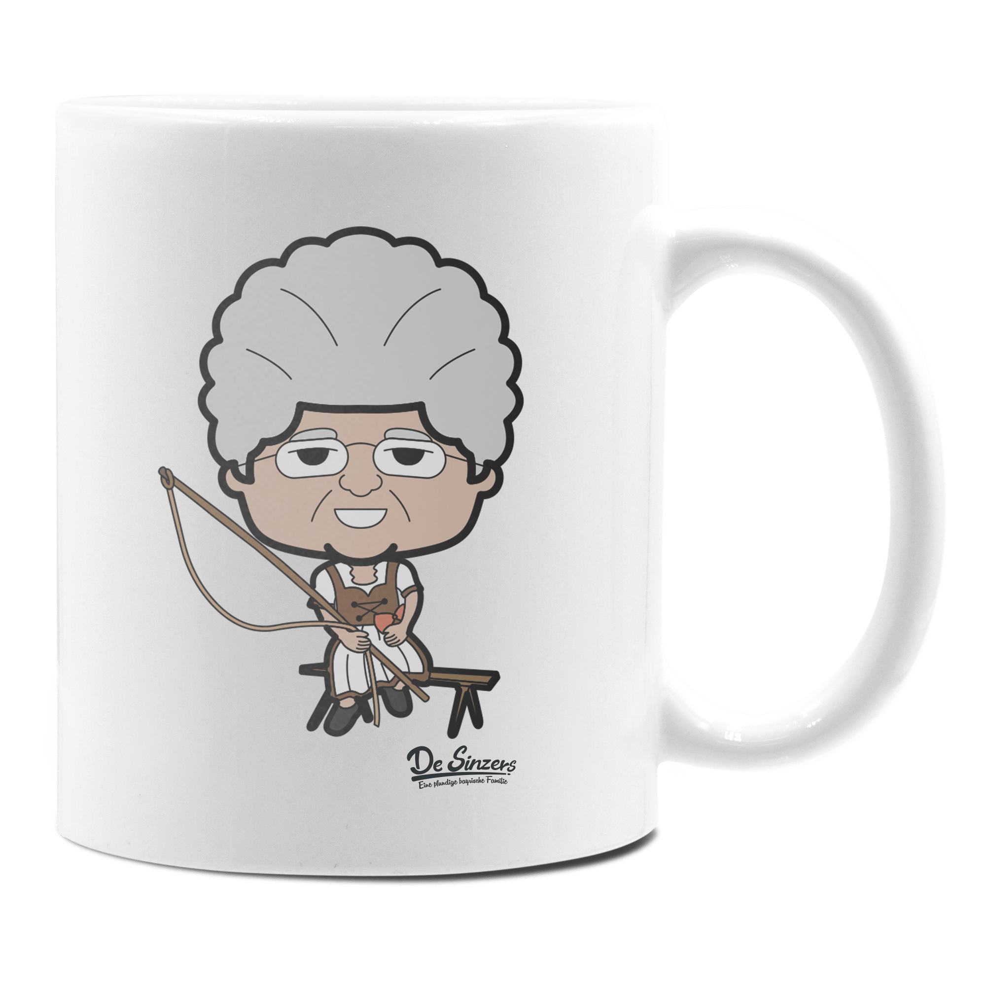 Die Oid Sinzerin Goaßlschnoizer Keramik Kaffeetasse 330ml Weiss Rampoldplatte Front