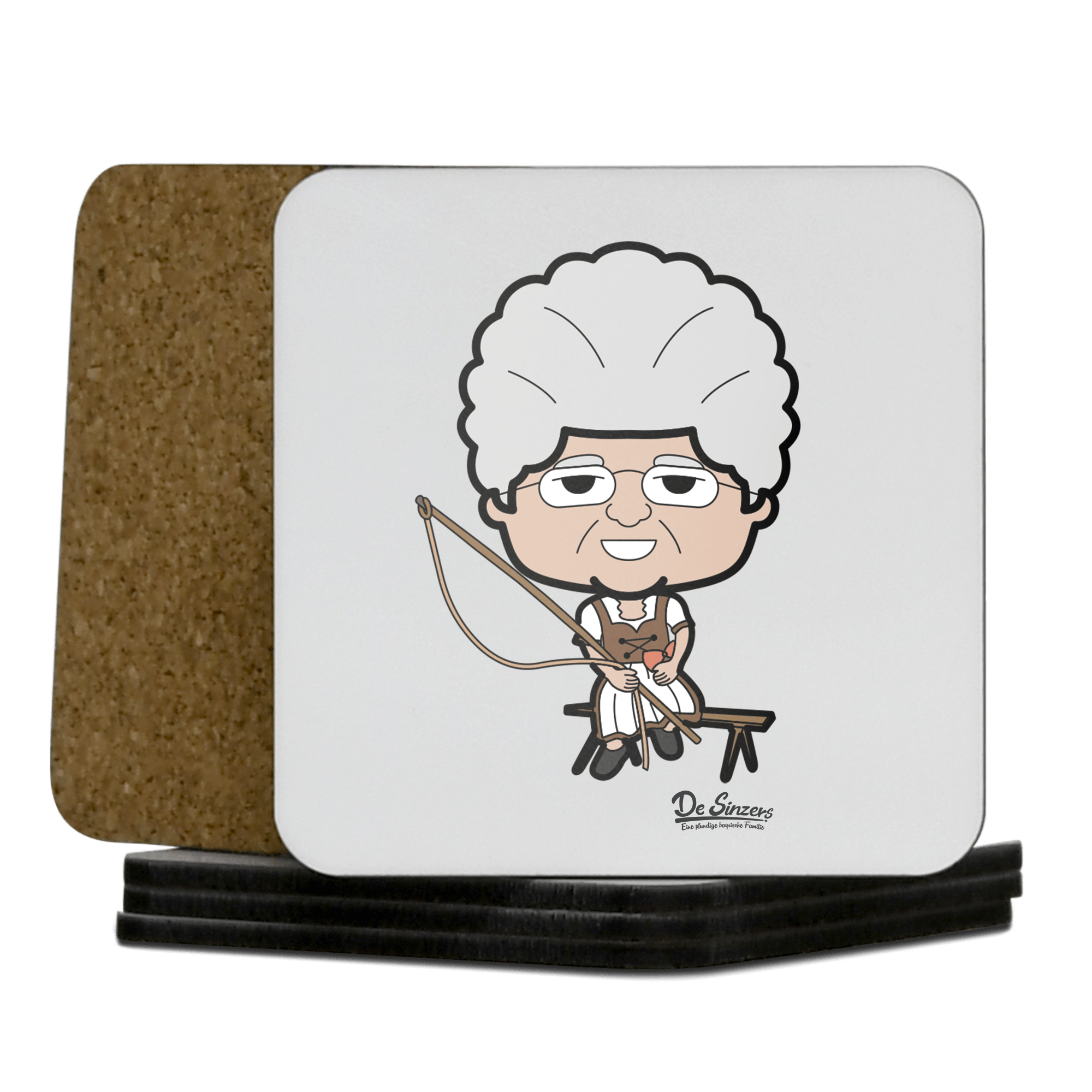 Die Oid Sinzerin Goaßlschnoizer Korkuntersetzer 5er Set 95 x 95 mm Weiss Karkopf Front