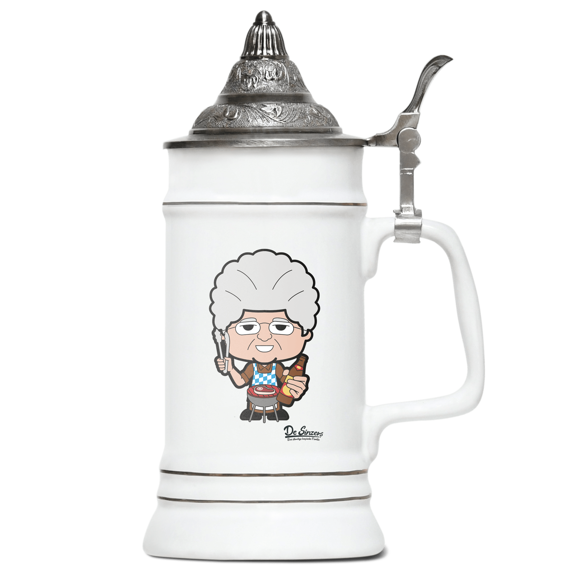Die Oid Sinzerin Griller Bierkrug 500ml Weiss mit Spitzdeckel Wendelstein Front