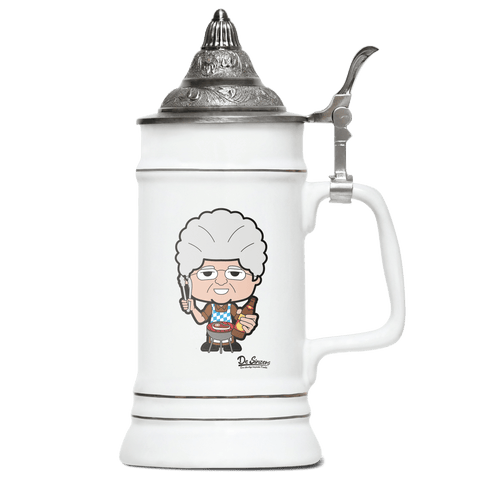 Die Oid Sinzerin Griller Bierkrug 500ml Weiss mit Spitzdeckel Wendelstein Front