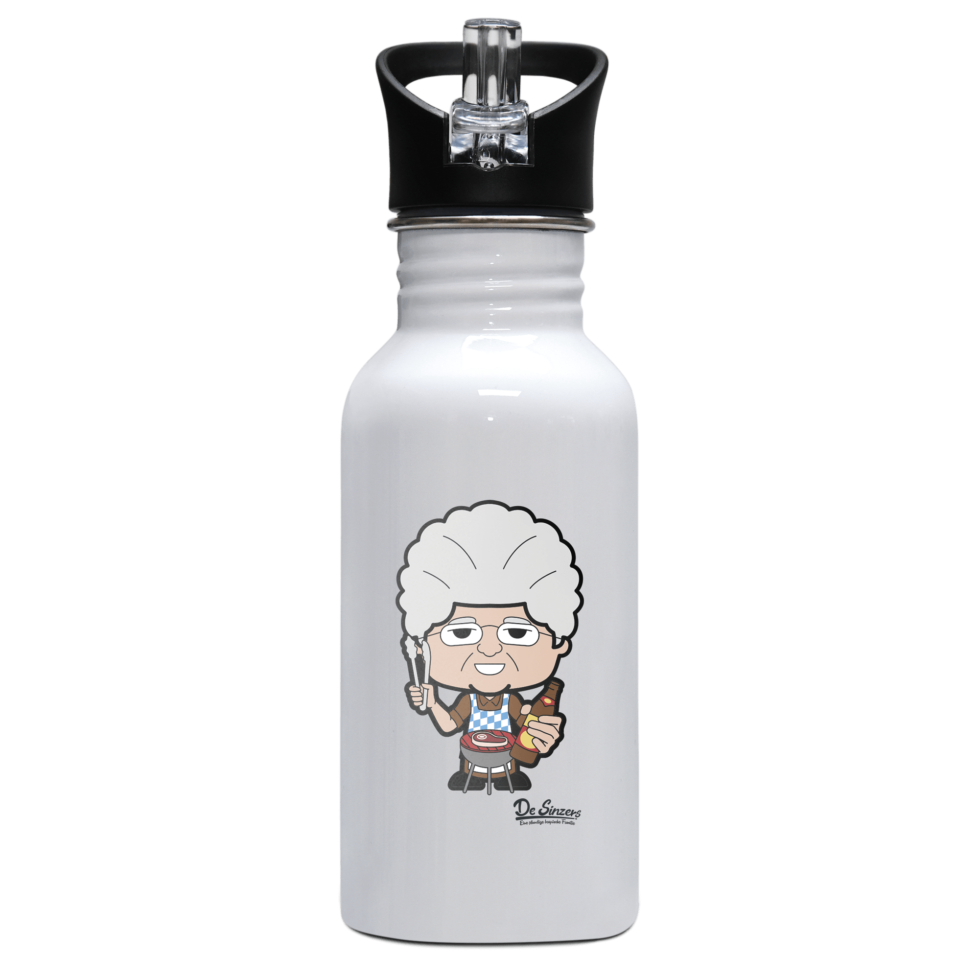 Die Oid Sinzerin Griller Edelstahl Trinkflasche mit klappbarem Mundstueck 500ml Weiss Rotwand Front