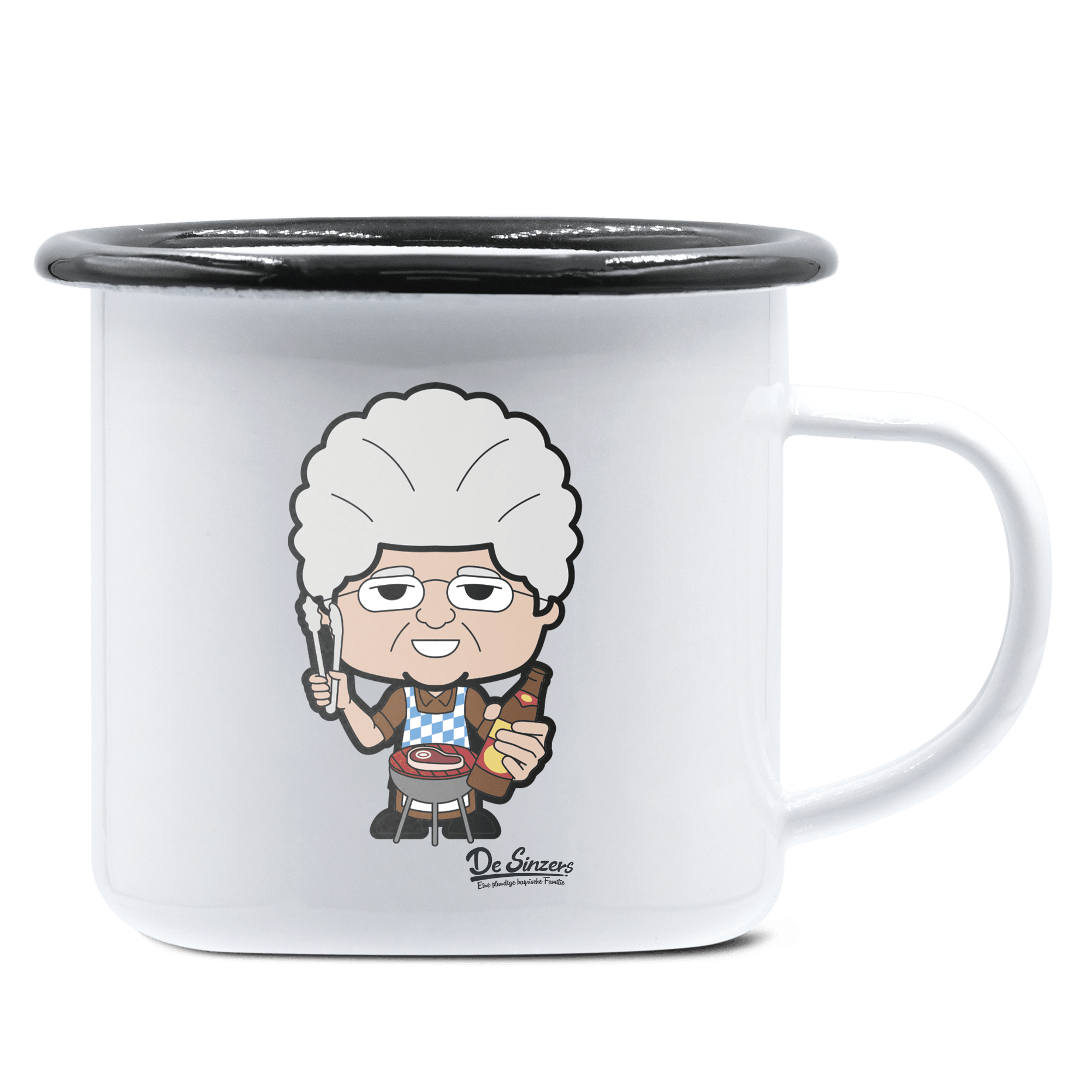 Die Oid Sinzerin Griller Emaille Tasse 375ml Weiss Schwarz Hochries Front