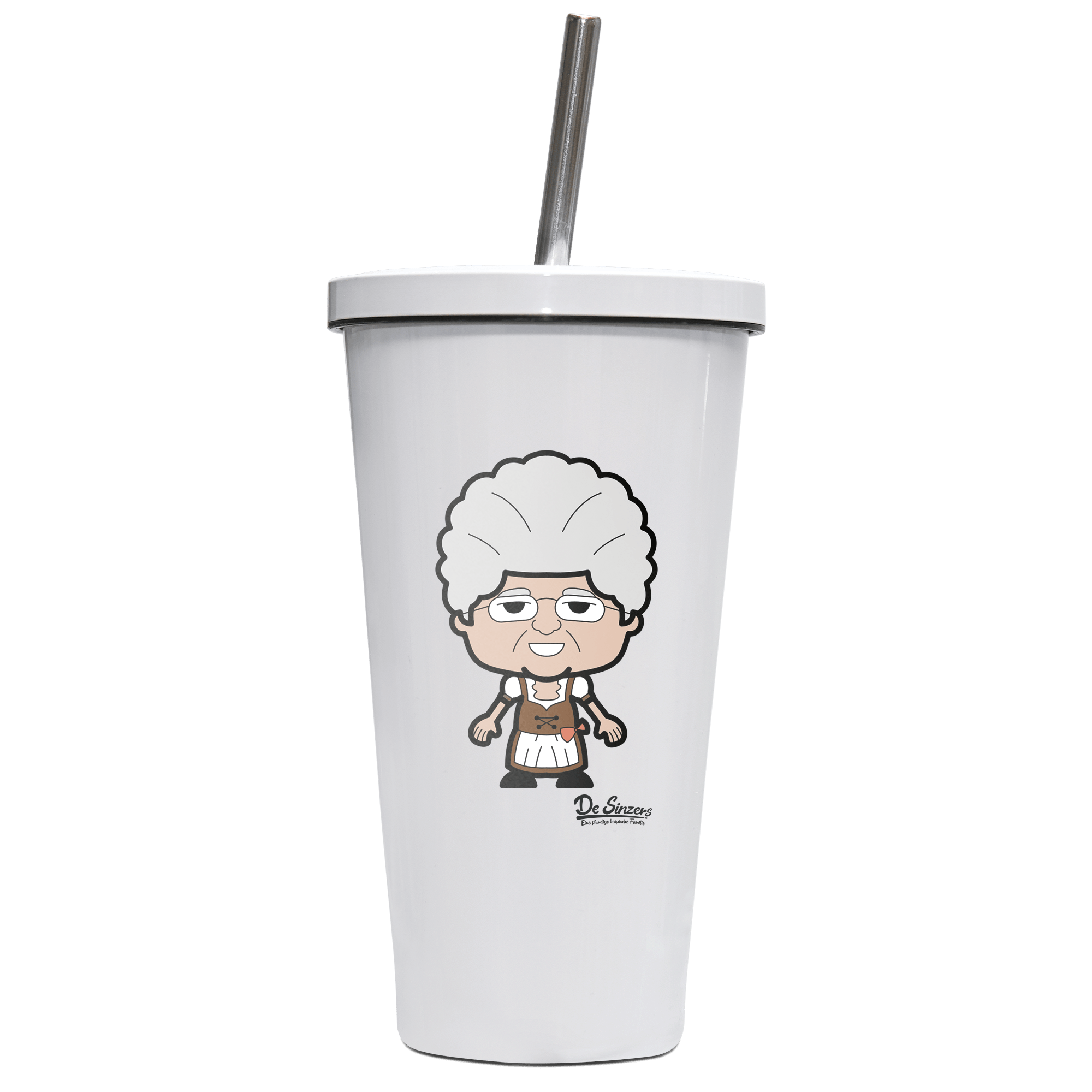 Die Oid Sinzerin Grundfiguren Edelstahl Trinkbecher mit Strohhalm 480ml Weiss Krottenkopf Front
