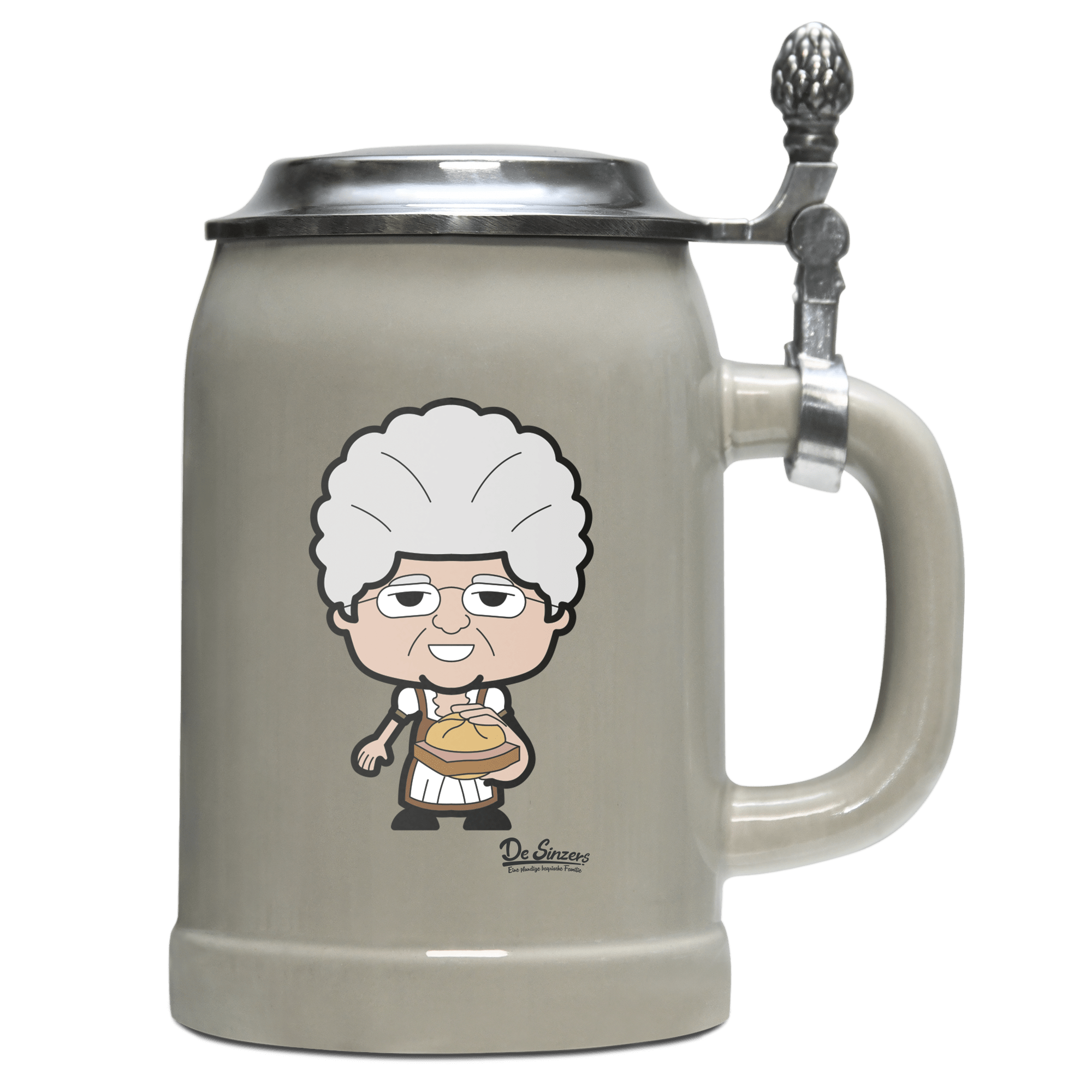 Die Oid Sinzerin Leberkassemmel Bierkrug 500ml Grau mit Deckel Hocheck Front