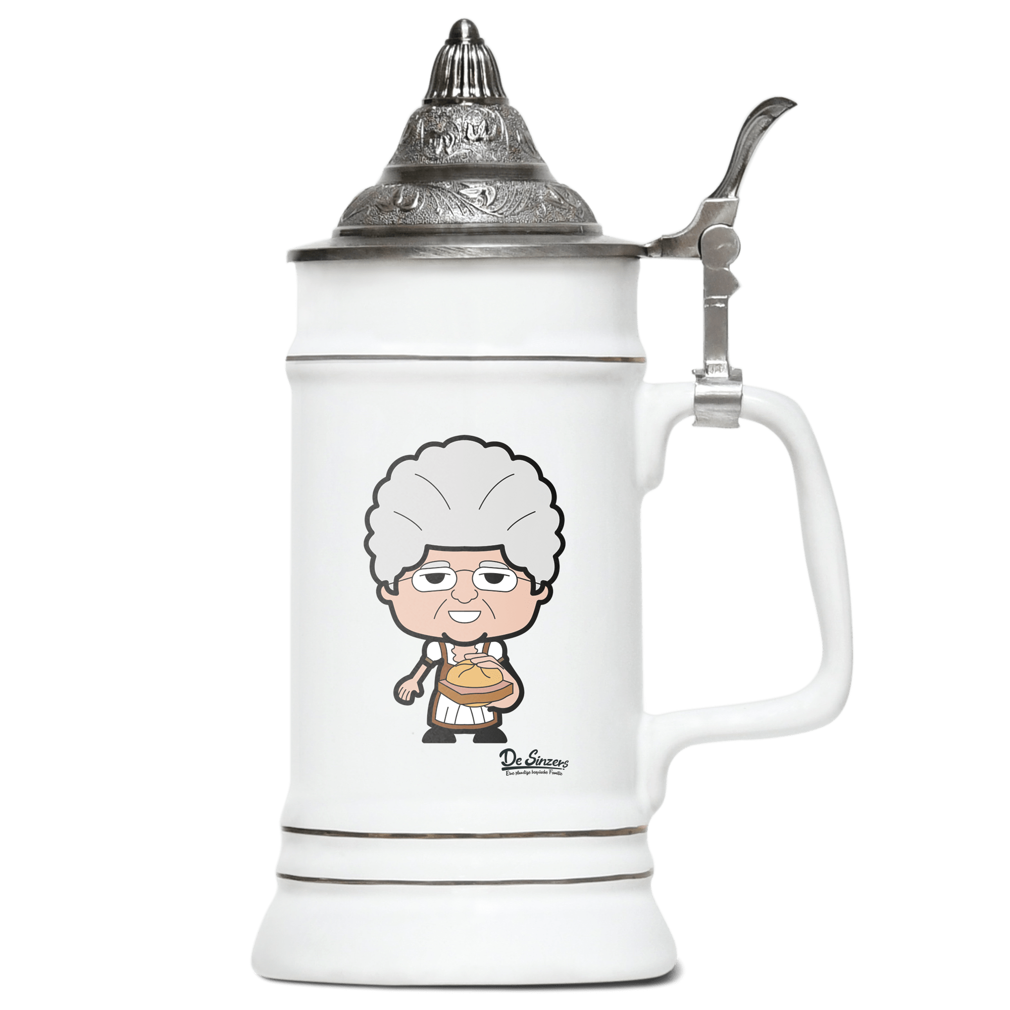 Die Oid Sinzerin Leberkassemmel Bierkrug 500ml Weiss mit Spitzdeckel Wendelstein Front