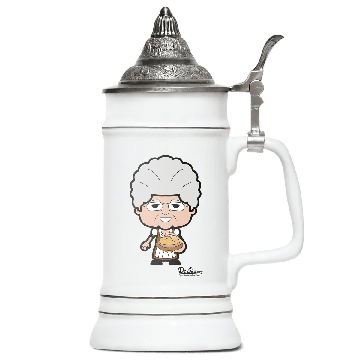 Die Oid Sinzerin Leberkassemmel Bierkrug 500ml Weiss mit Spitzdeckel Wendelstein Front