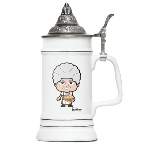 Die Oid Sinzerin Leberkassemmel Bierkrug 500ml Weiss mit Spitzdeckel Wendelstein Front