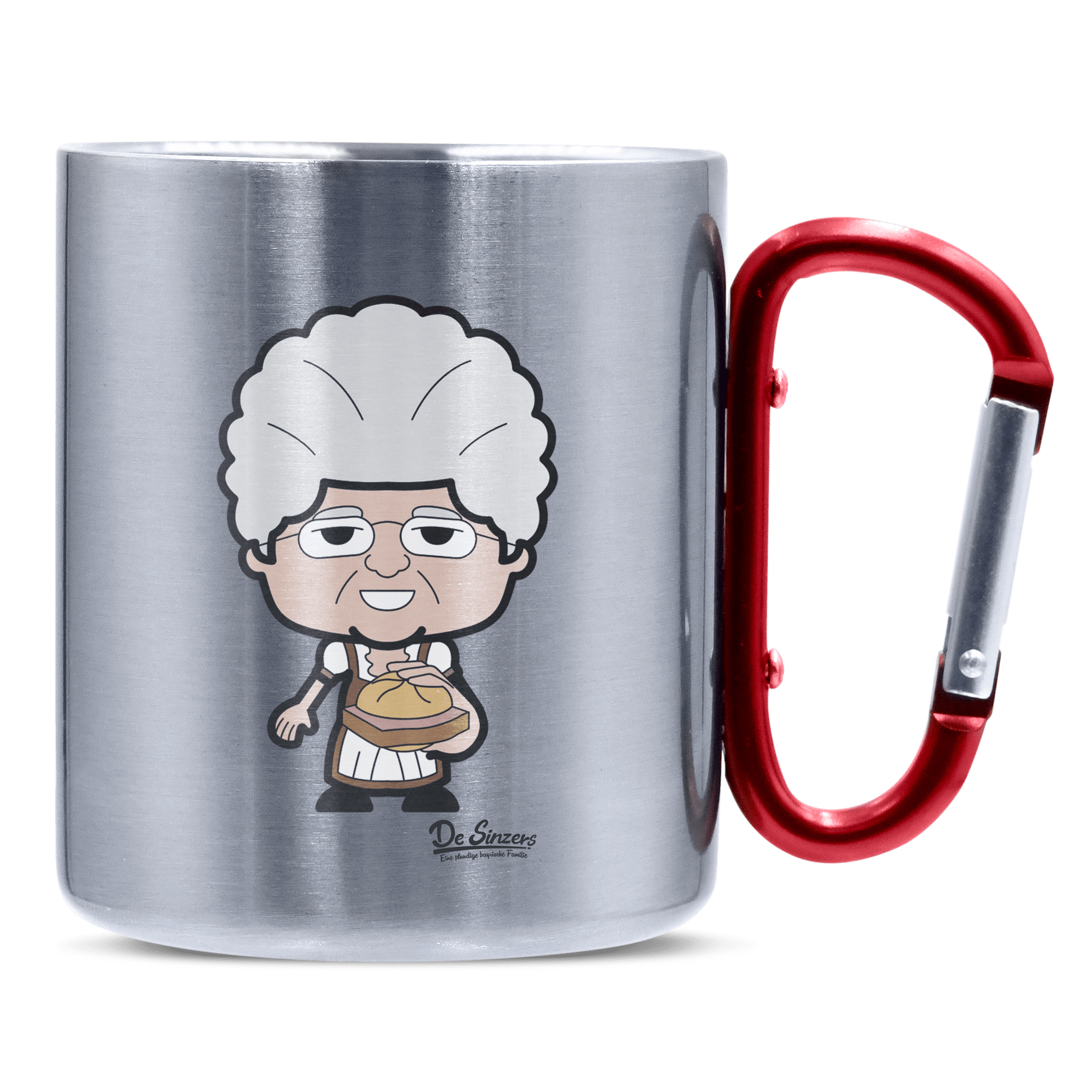 Die Oid Sinzerin Leberkassemmel Edelstahl Kaffeetasse roter Karabiner 320ml Kitzstein Front