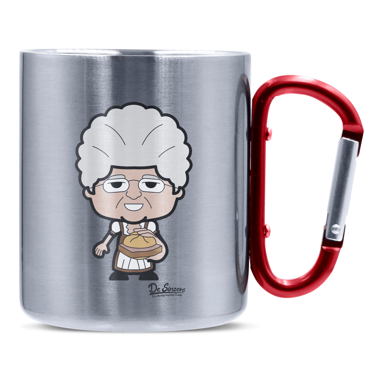 Die Oid Sinzerin Leberkassemmel Edelstahl Kaffeetasse roter Karabiner 320ml Kitzstein Front