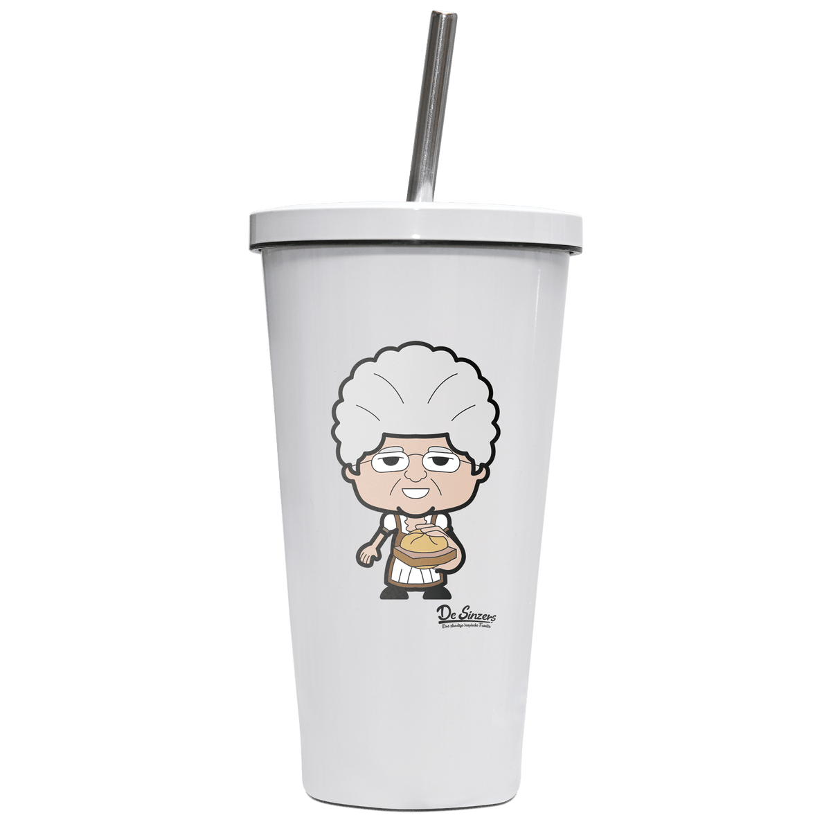 Die Oid Sinzerin Leberkassemmel Edelstahl Trinkbecher mit Strohhalm 480ml Weiss Krottenkopf Front