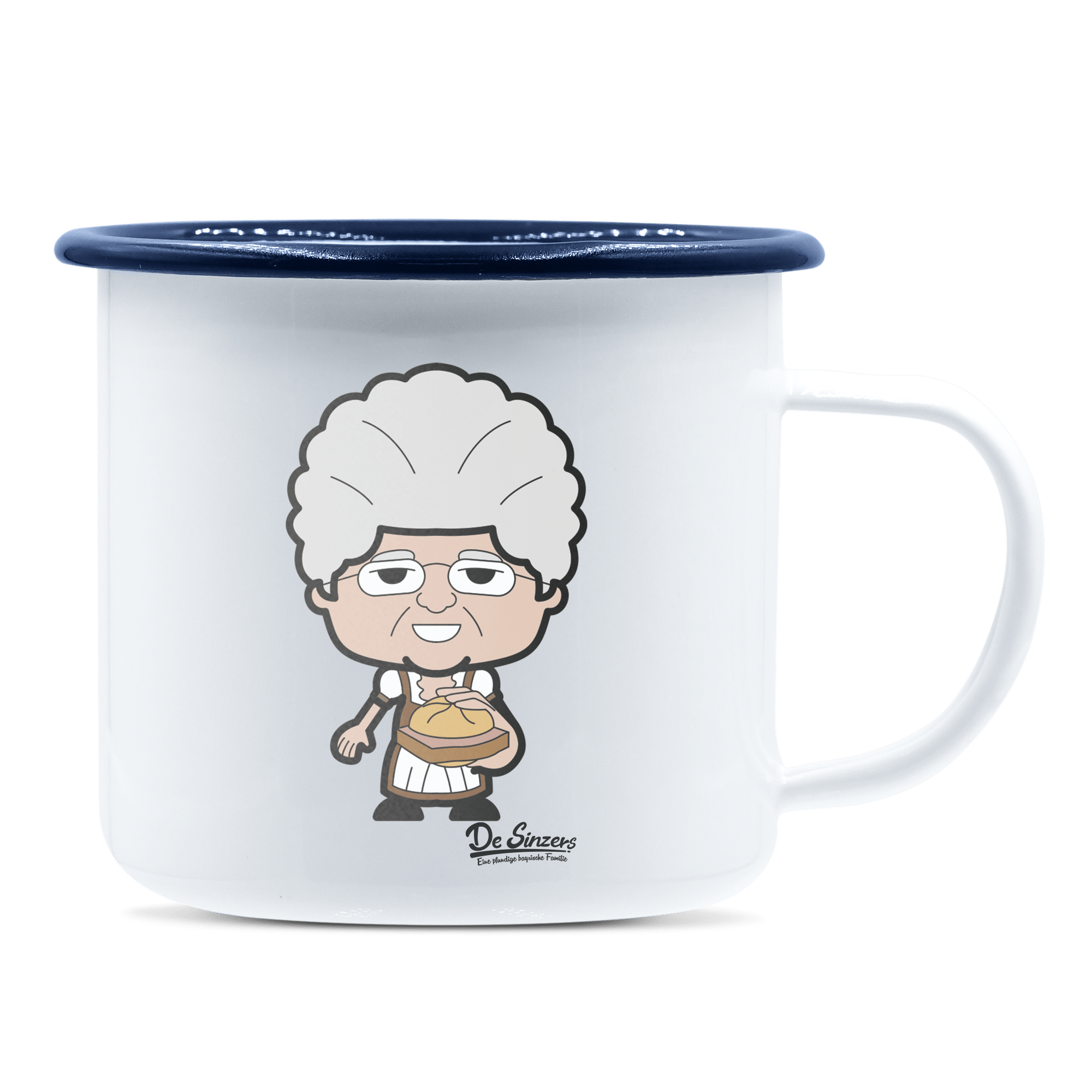 Die Oid Sinzerin Leberkassemmel Emaille Tasse 375ml Weiss Blau Heuberg Front