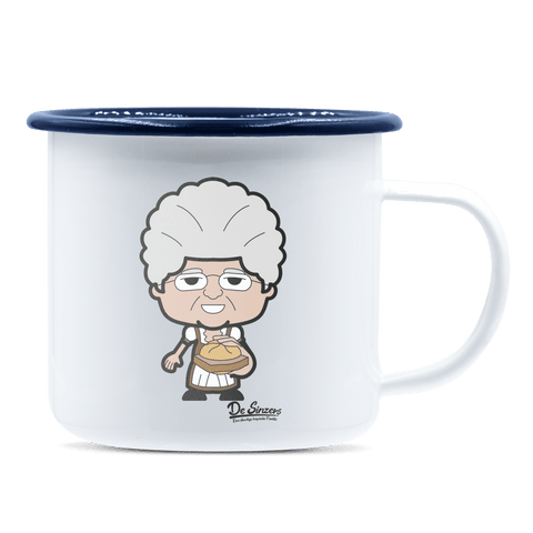 Die Oid Sinzerin Leberkassemmel Emaille Tasse 375ml Weiss Blau Heuberg Front