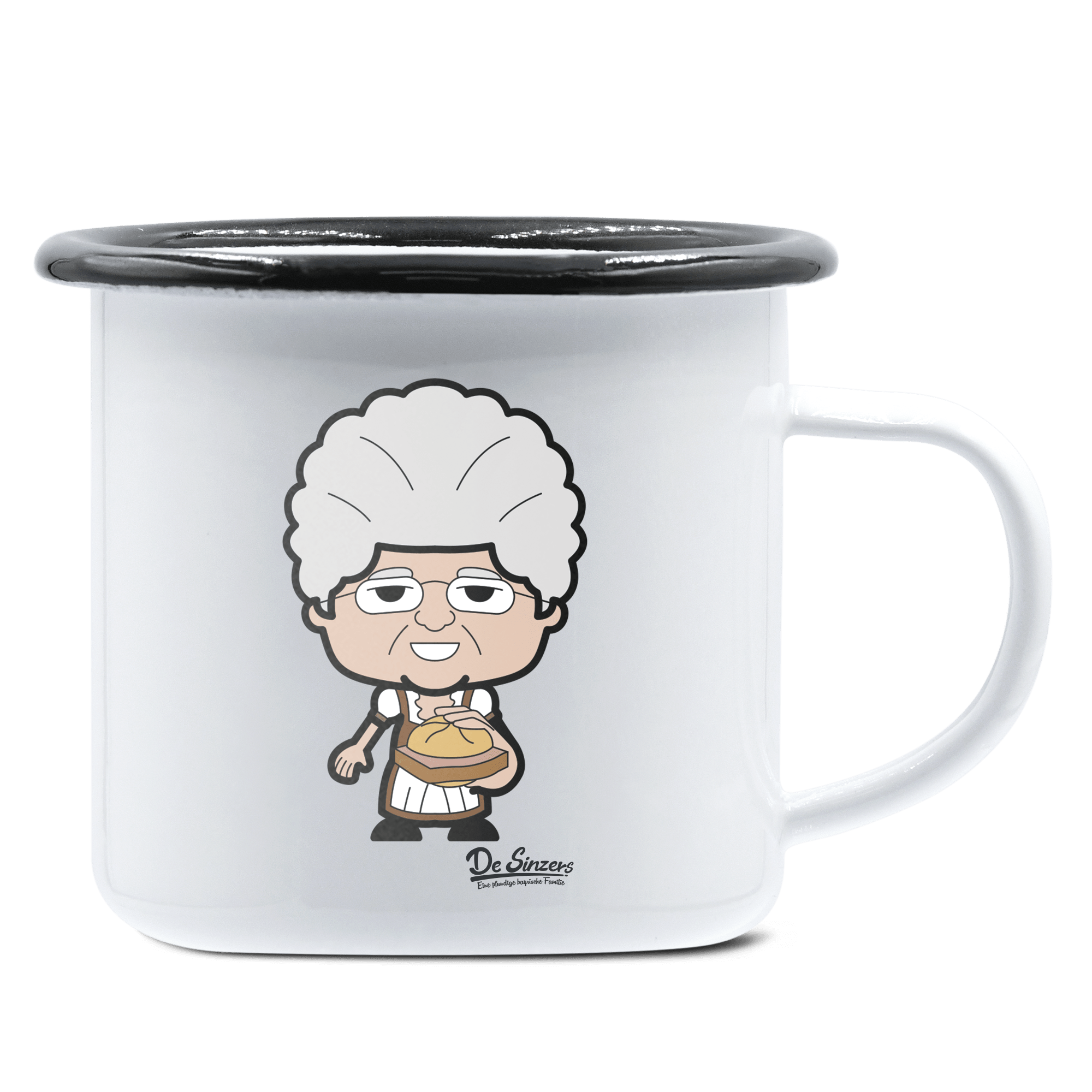 Die Oid Sinzerin Leberkassemmel Emaille Tasse 375ml Weiss Schwarz Hochries Front