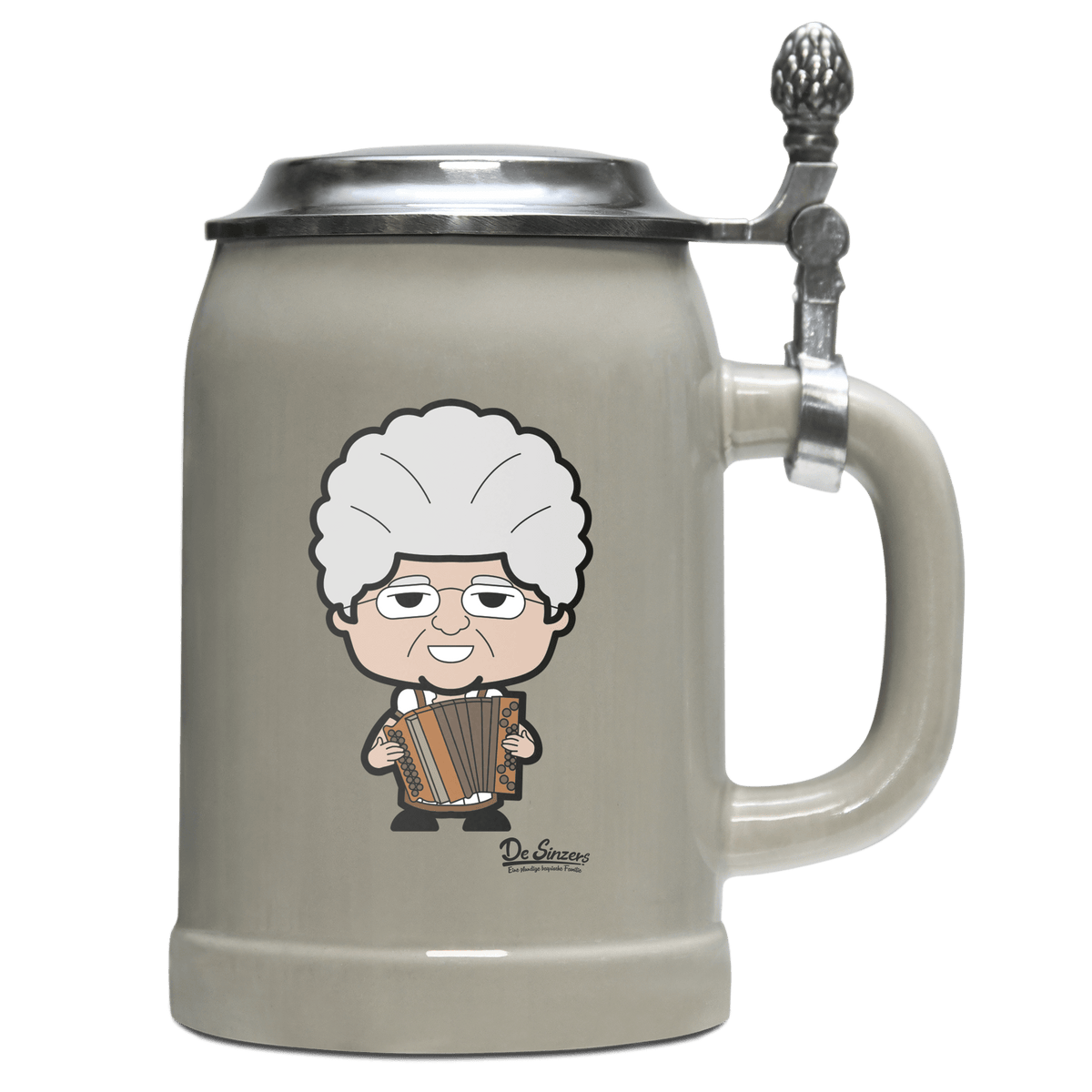 Die Oid Sinzerin Musikinstrumente Bierkrug 500ml Grau mit Deckel Hocheck Front