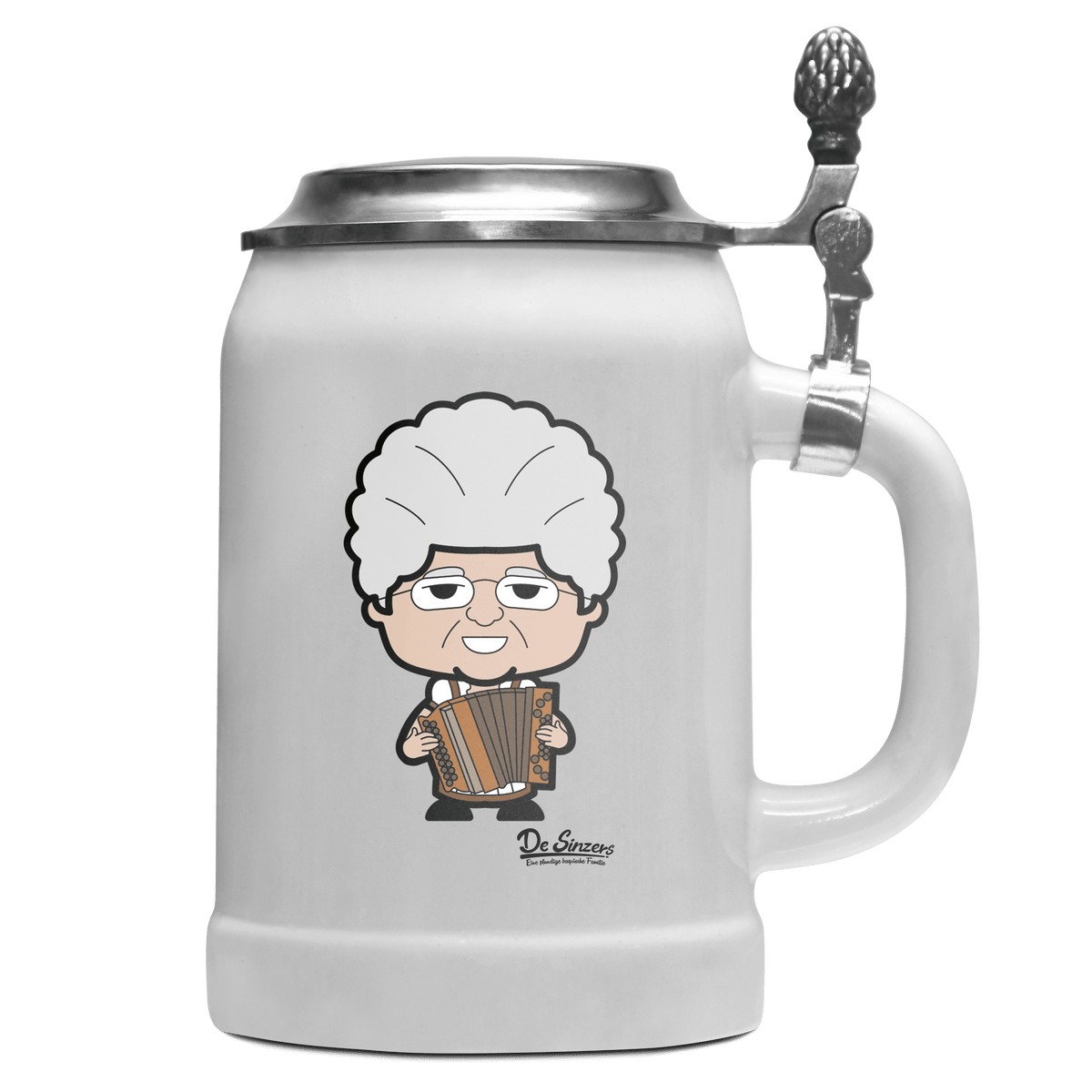 Die Oid Sinzerin Musikinstrumente Bierkrug 500ml Weiss mit Deckel Wetterspitzen Front