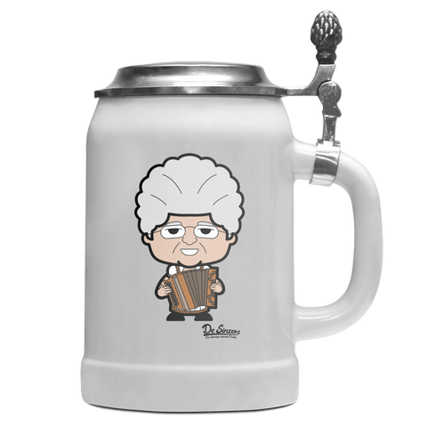 Die Oid Sinzerin Musikinstrumente Bierkrug 500ml Weiss mit Deckel Wetterspitzen Front