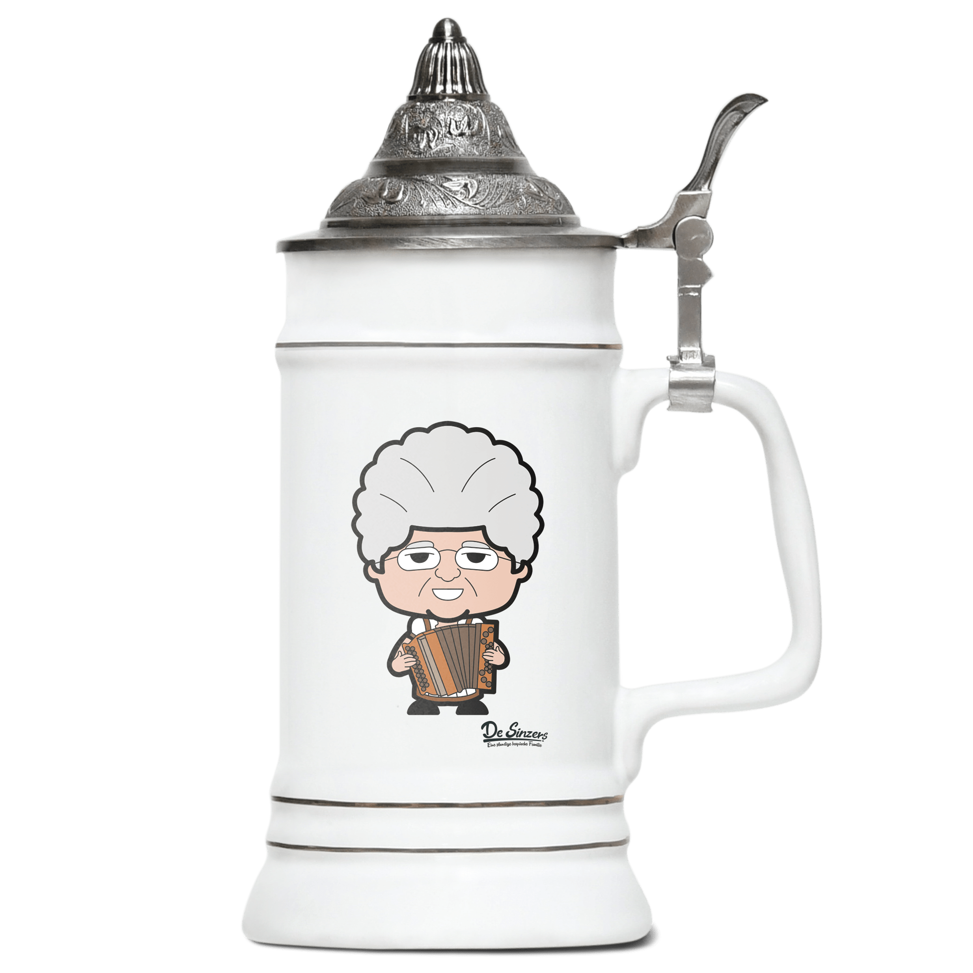Die Oid Sinzerin Musikinstrumente Bierkrug 500ml Weiss mit Spitzdeckel Wendelstein Front
