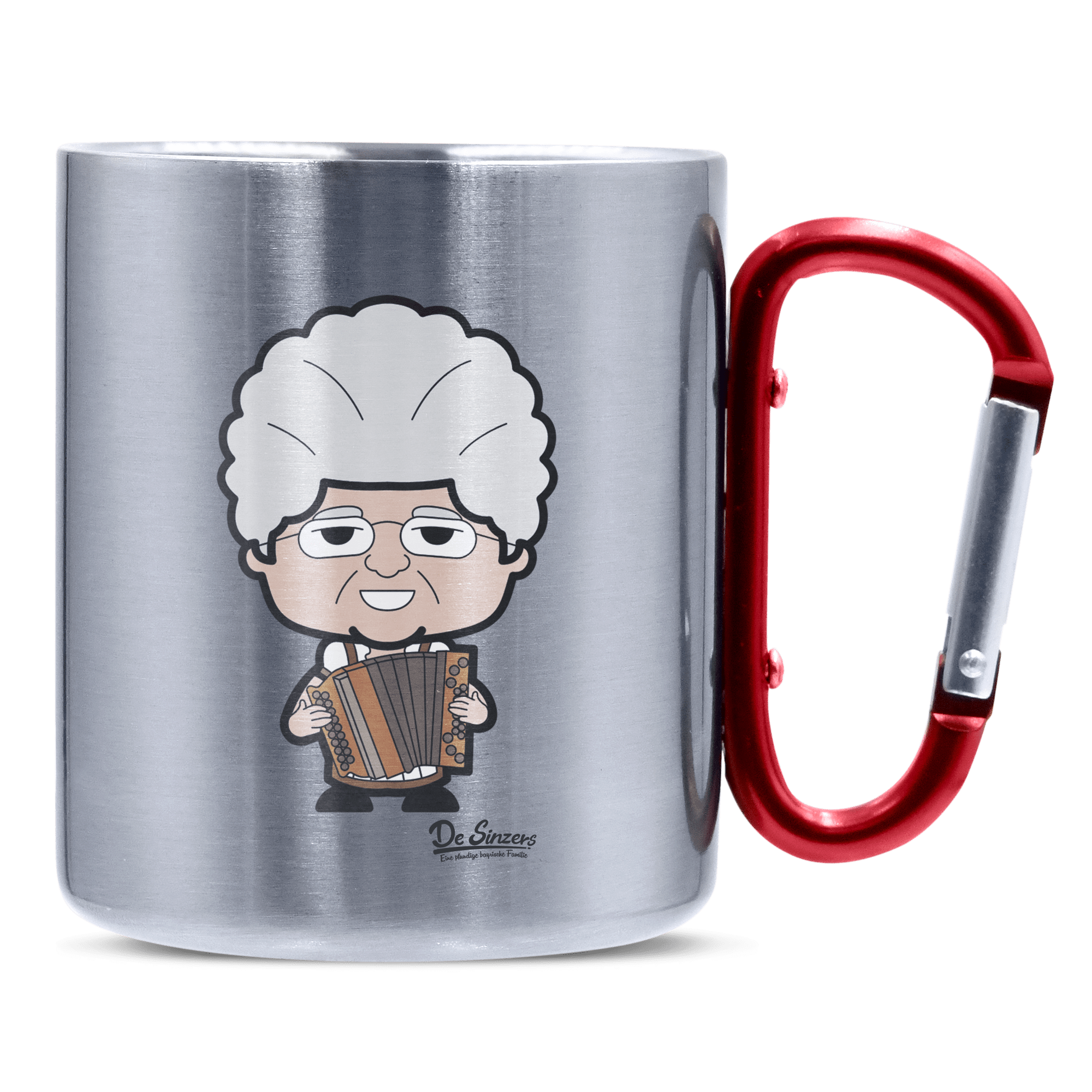 Die Oid Sinzerin Musikinstrumente Edelstahl Kaffeetasse roter Karabiner 320ml Kitzstein Front
