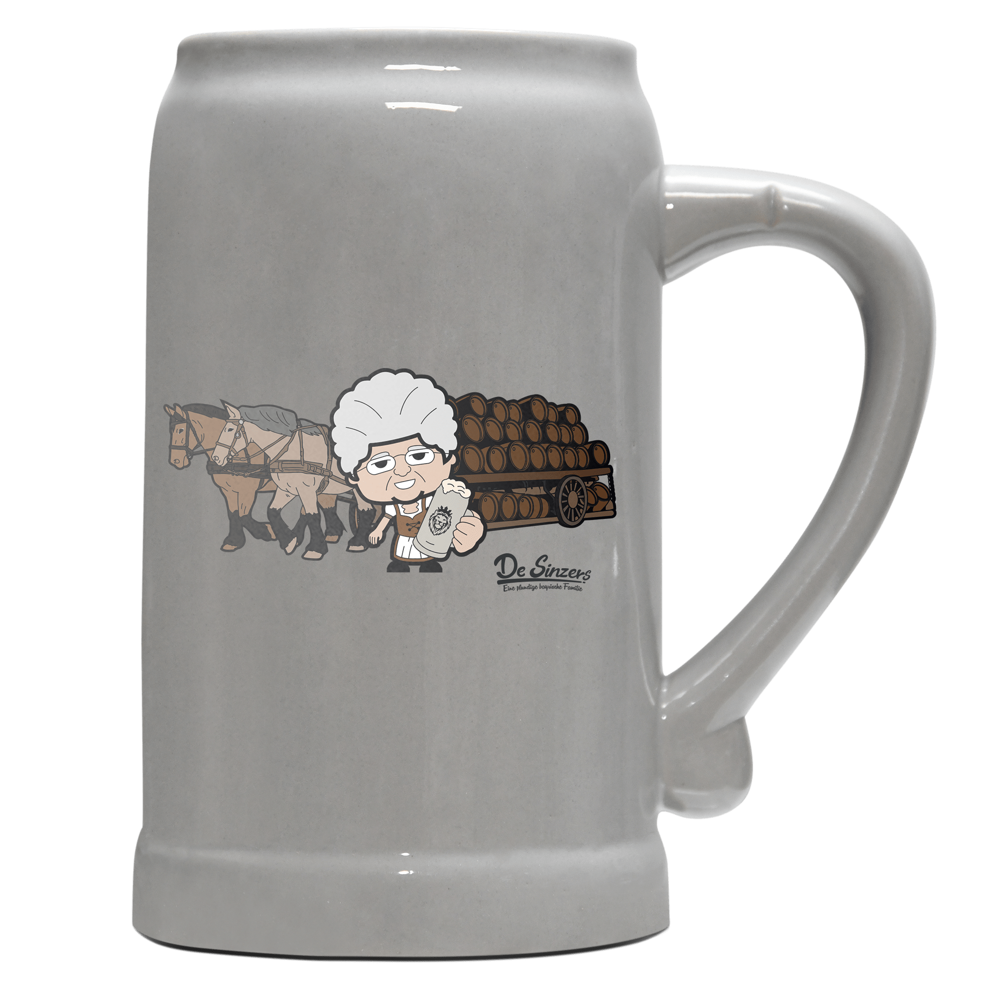 Die Oid Sinzerin Pferdegespann Bierkrug 1000ml Grau Zugspitze Front