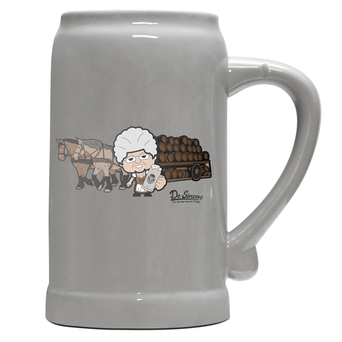 Die Oid Sinzerin Pferdegespann Bierkrug 1000ml Grau Zugspitze Front