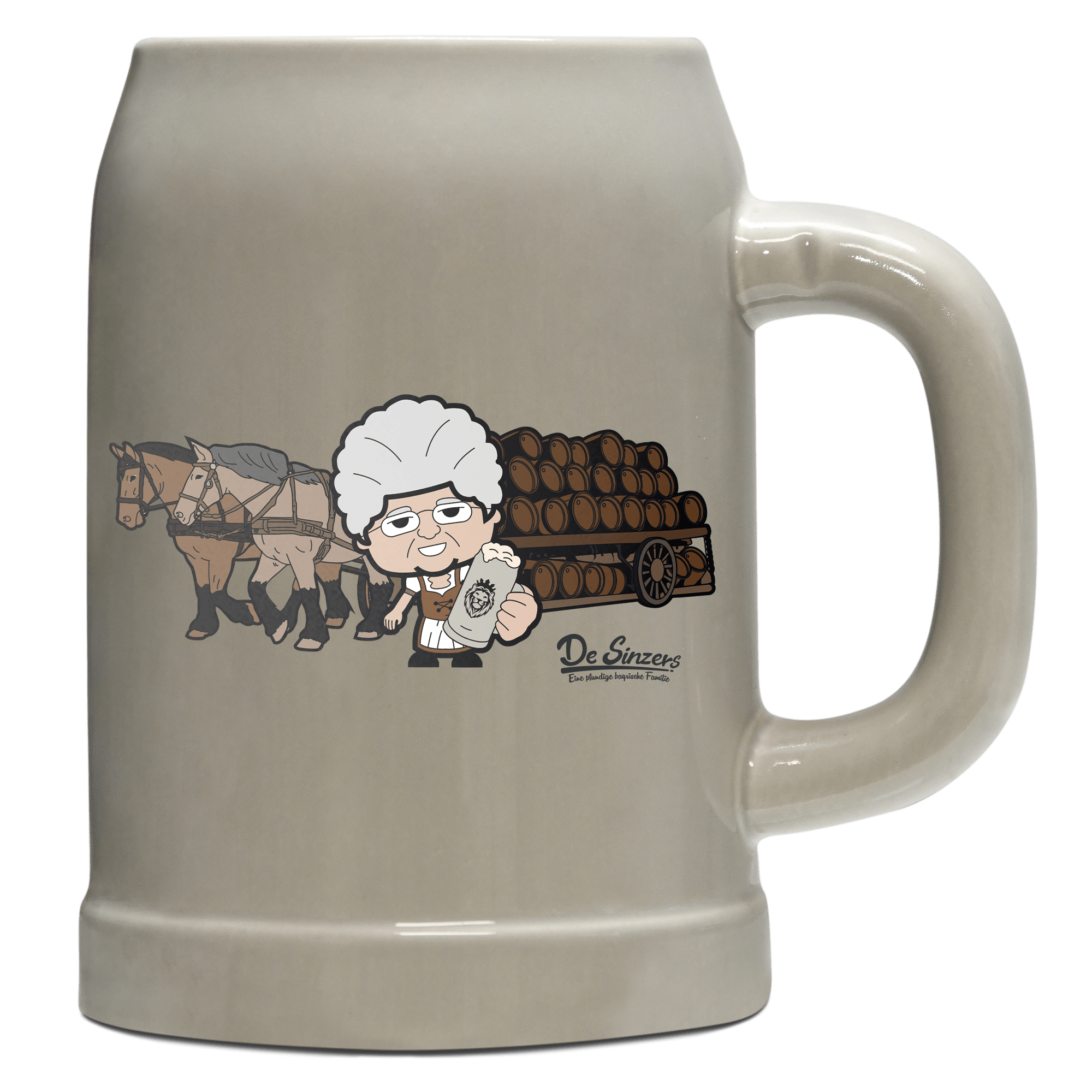 Die Oid Sinzerin Pferdegespann Bierkrug 500ml Grau Watzmann Front