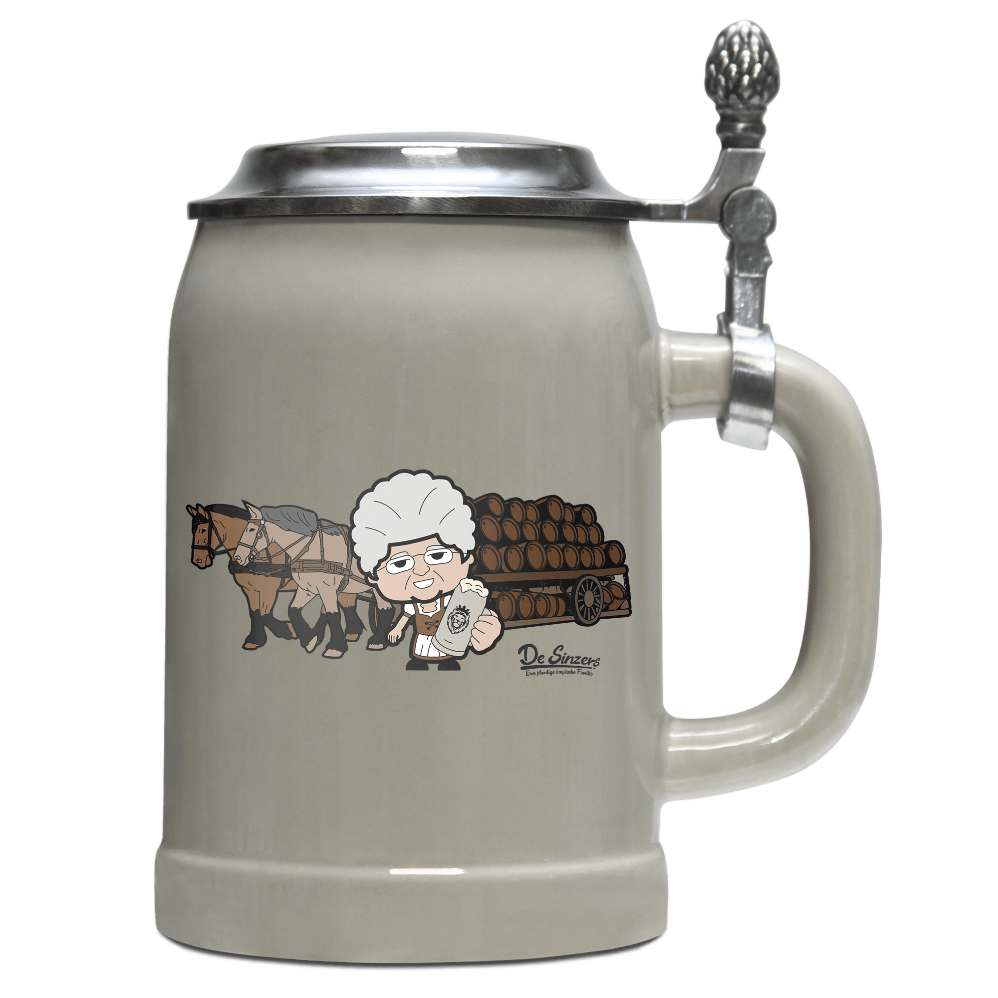 Die Oid Sinzerin Pferdegespann Bierkrug 500ml Grau mit Deckel Hocheck Front