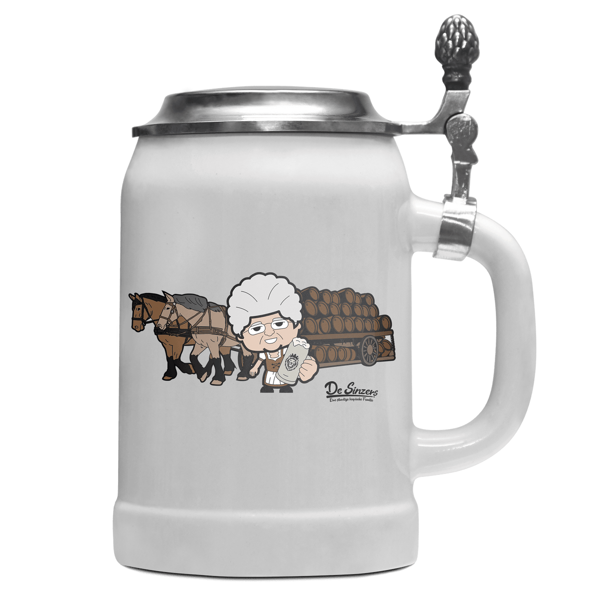 Die Oid Sinzerin Pferdegespann Bierkrug 500ml Weiss mit Deckel Wetterspitzen Front