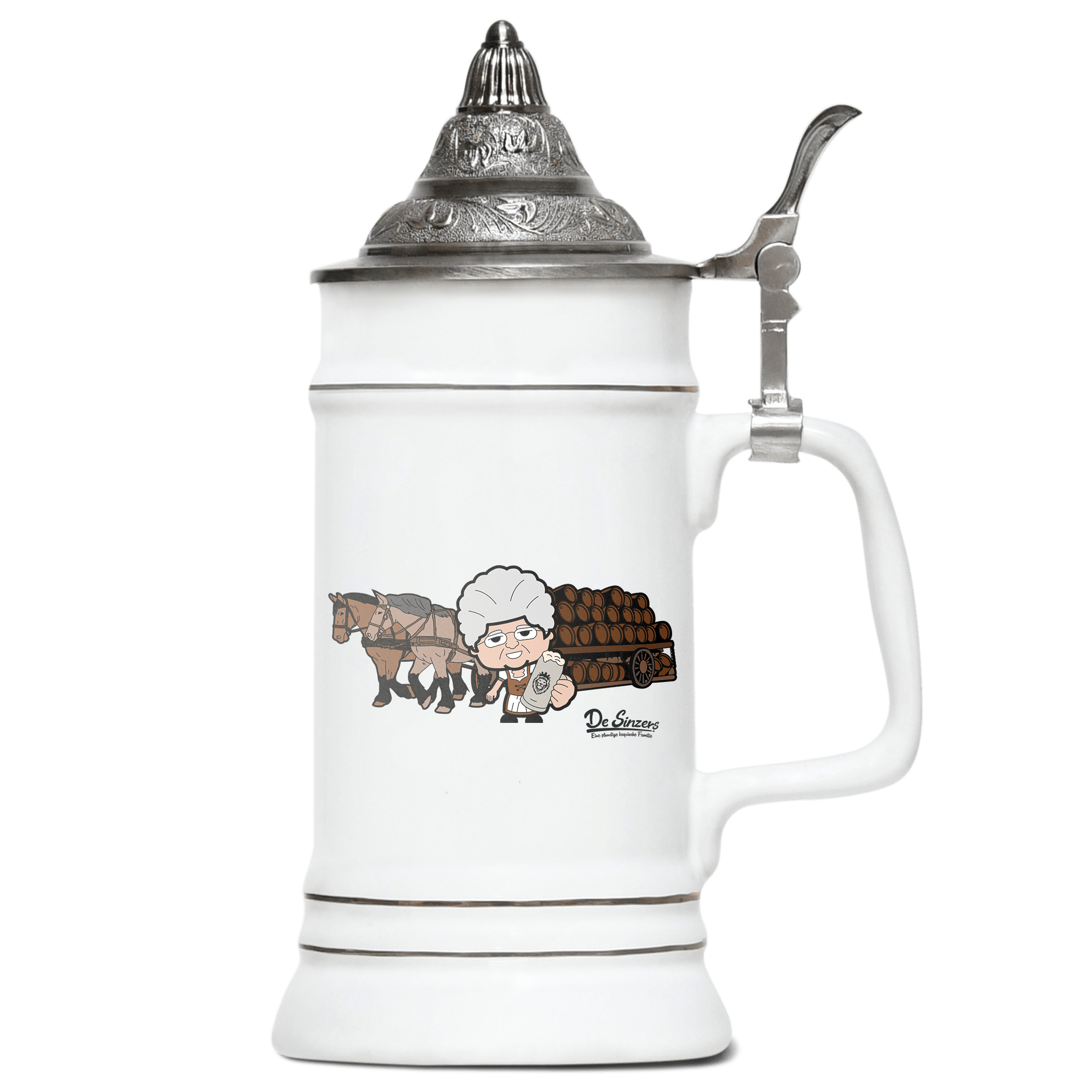 Die Oid Sinzerin Pferdegespann Bierkrug 500ml Weiss mit Spitzdeckel Wendelstein Front