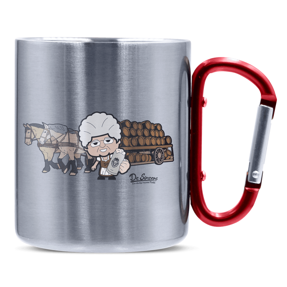 Die Oid Sinzerin Pferdegespann Edelstahl Kaffeetasse roter Karabiner 320ml Kitzstein Front