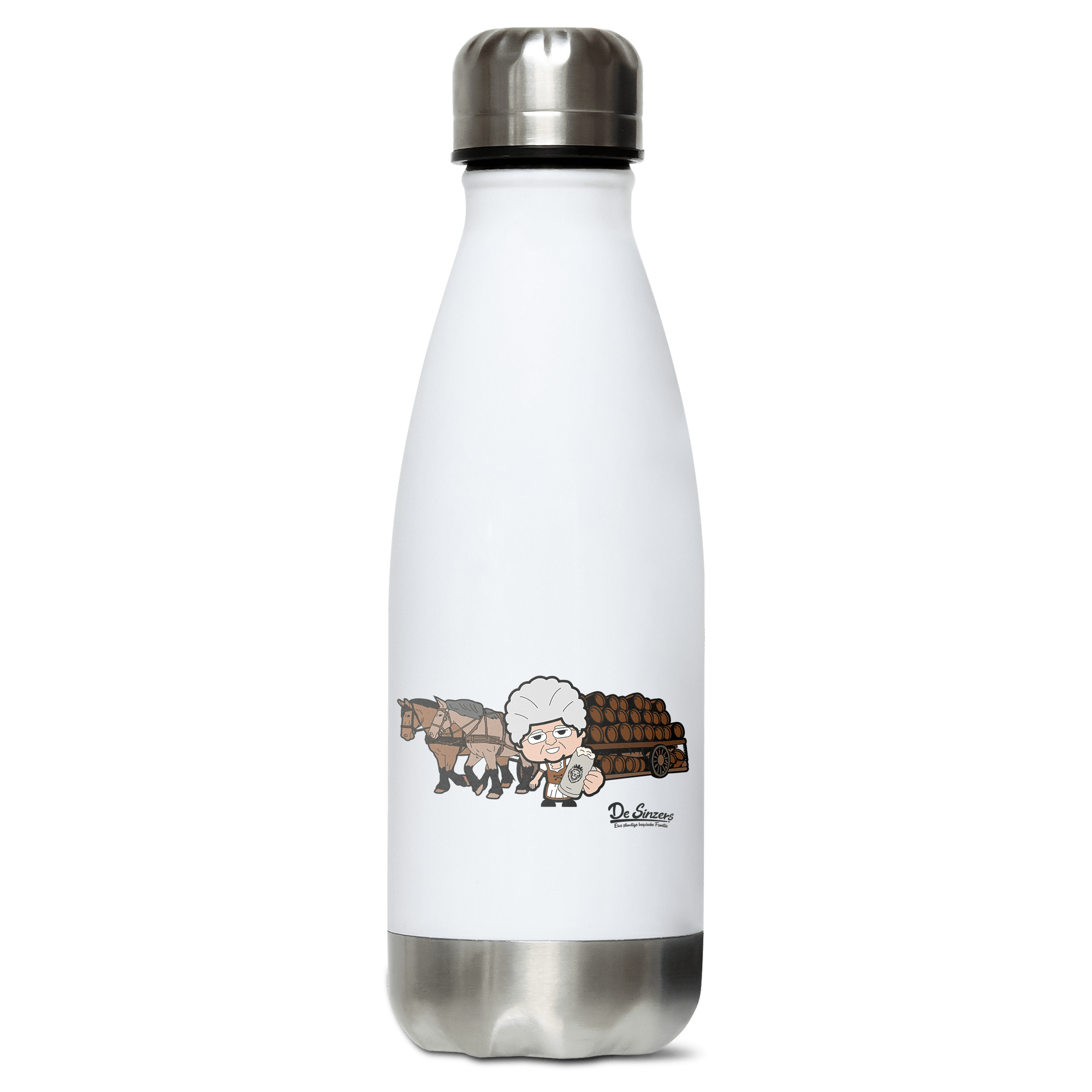 Die Oid Sinzerin Pferdegespann Edelstahl Thermoflasche 350ml Weiss Silber Kreuzspitze Front