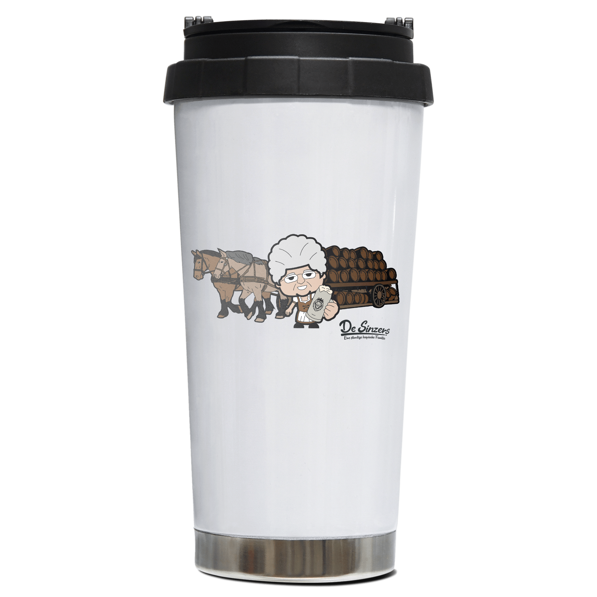 Die Oid Sinzerin Pferdegespann Edelstahl Trinkbecher To Go 470ml Weiss Wildbarren Front