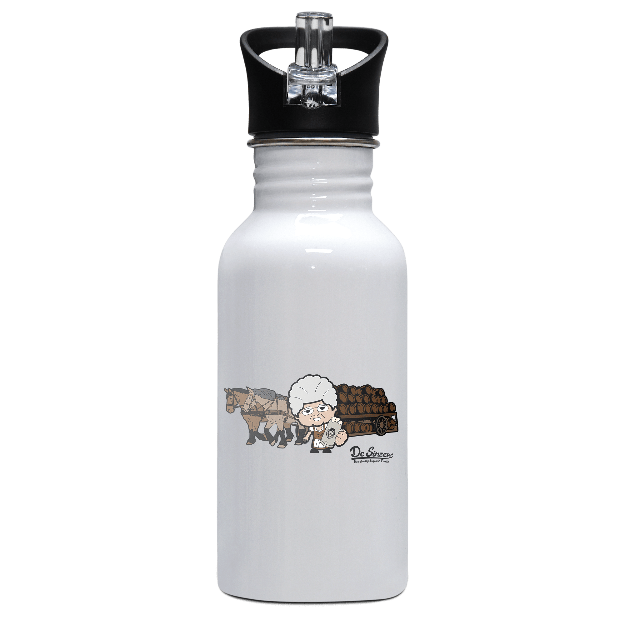 Die Oid Sinzerin Pferdegespann Edelstahl Trinkflasche mit klappbarem Mundstueck 500ml Weiss Rotwand Front