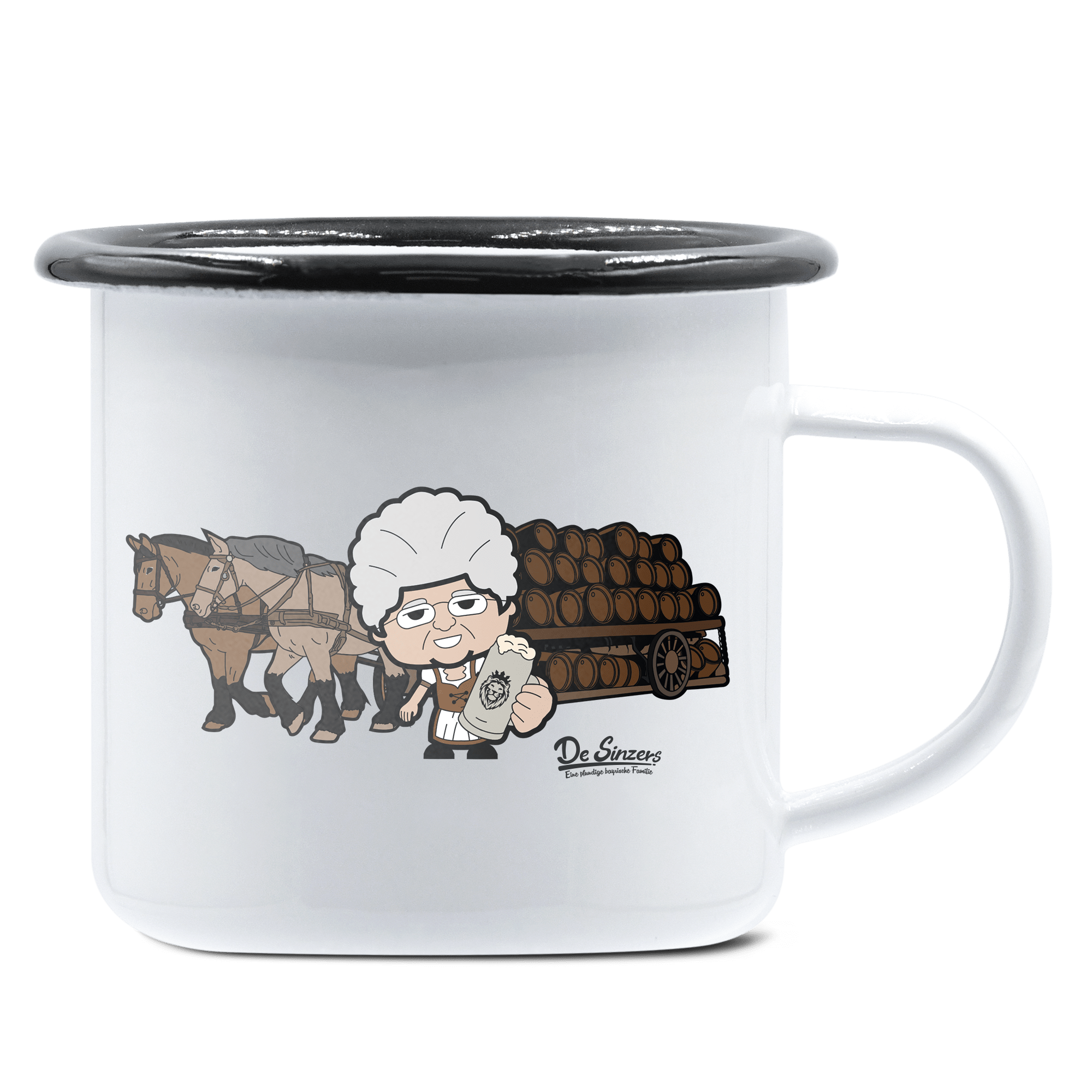 Die Oid Sinzerin Pferdegespann Emaille Tasse 375ml Weiss Schwarz Hochries Front