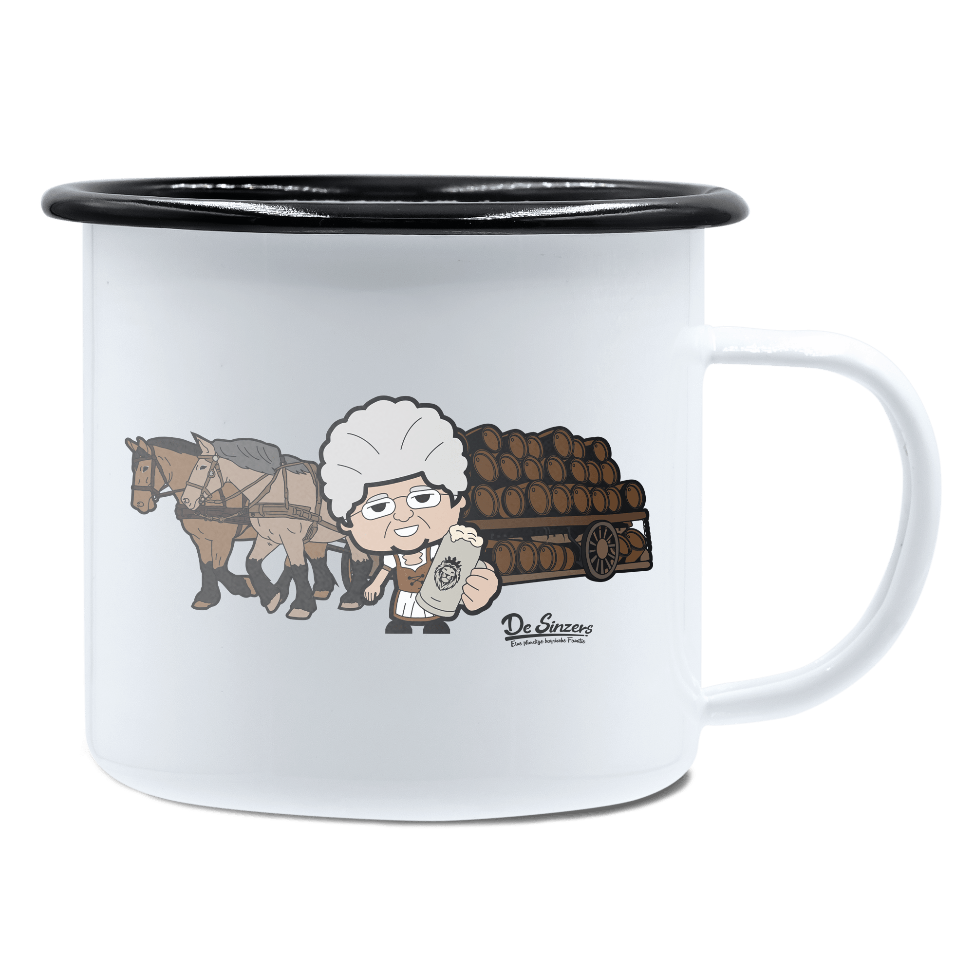 Die Oid Sinzerin Pferdegespann Emaille Tasse 450ml Weiss Schwarz Spitzstein Front