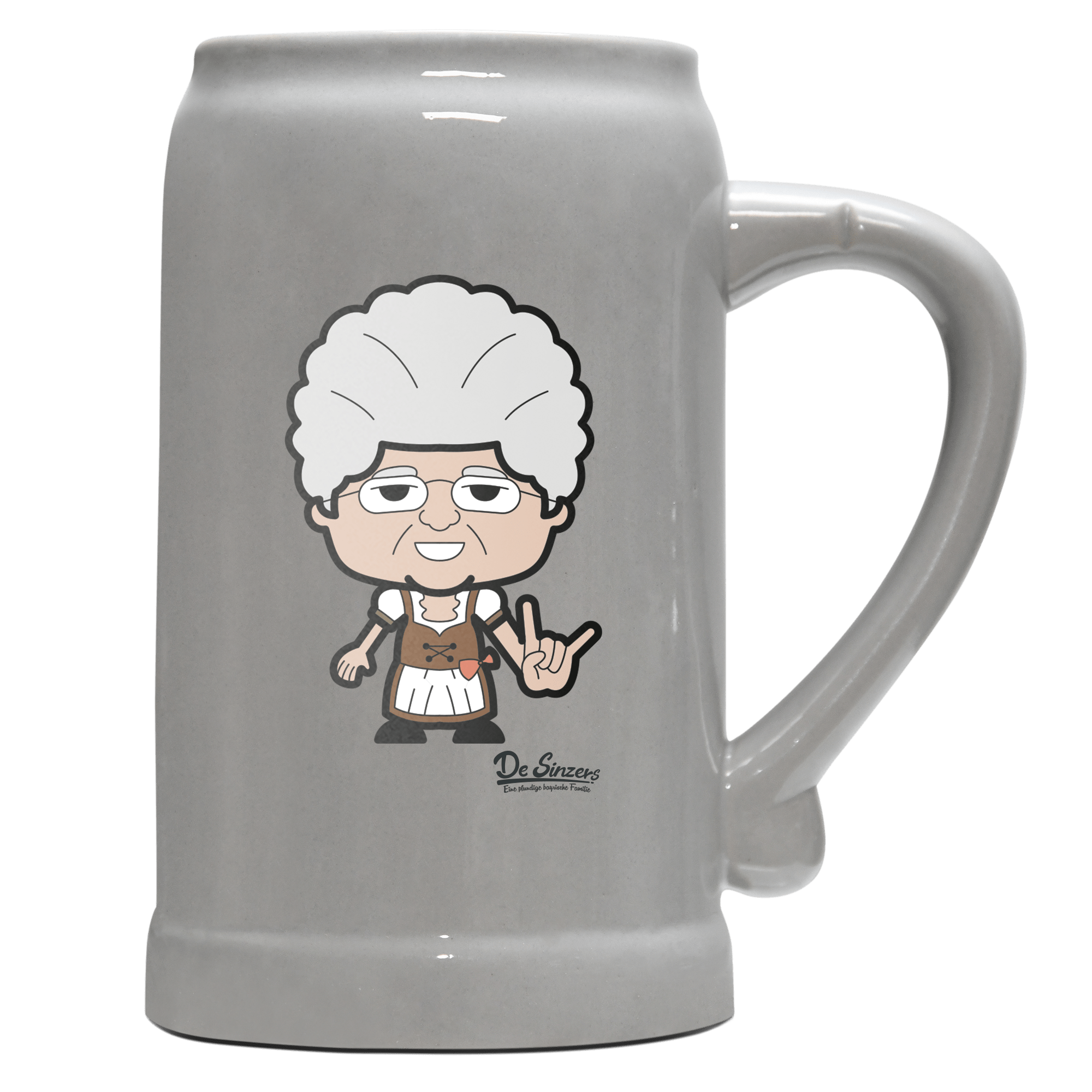 Die Oid Sinzerin Rocking Fingers Bierkrug 1000ml Grau Zugspitze Front