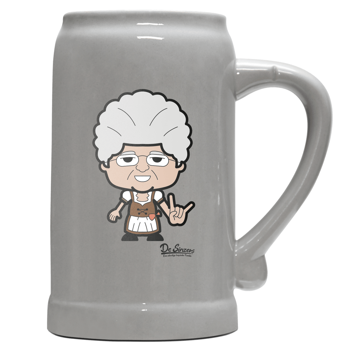 Die Oid Sinzerin Rocking Fingers Bierkrug 1000ml Grau Zugspitze Front