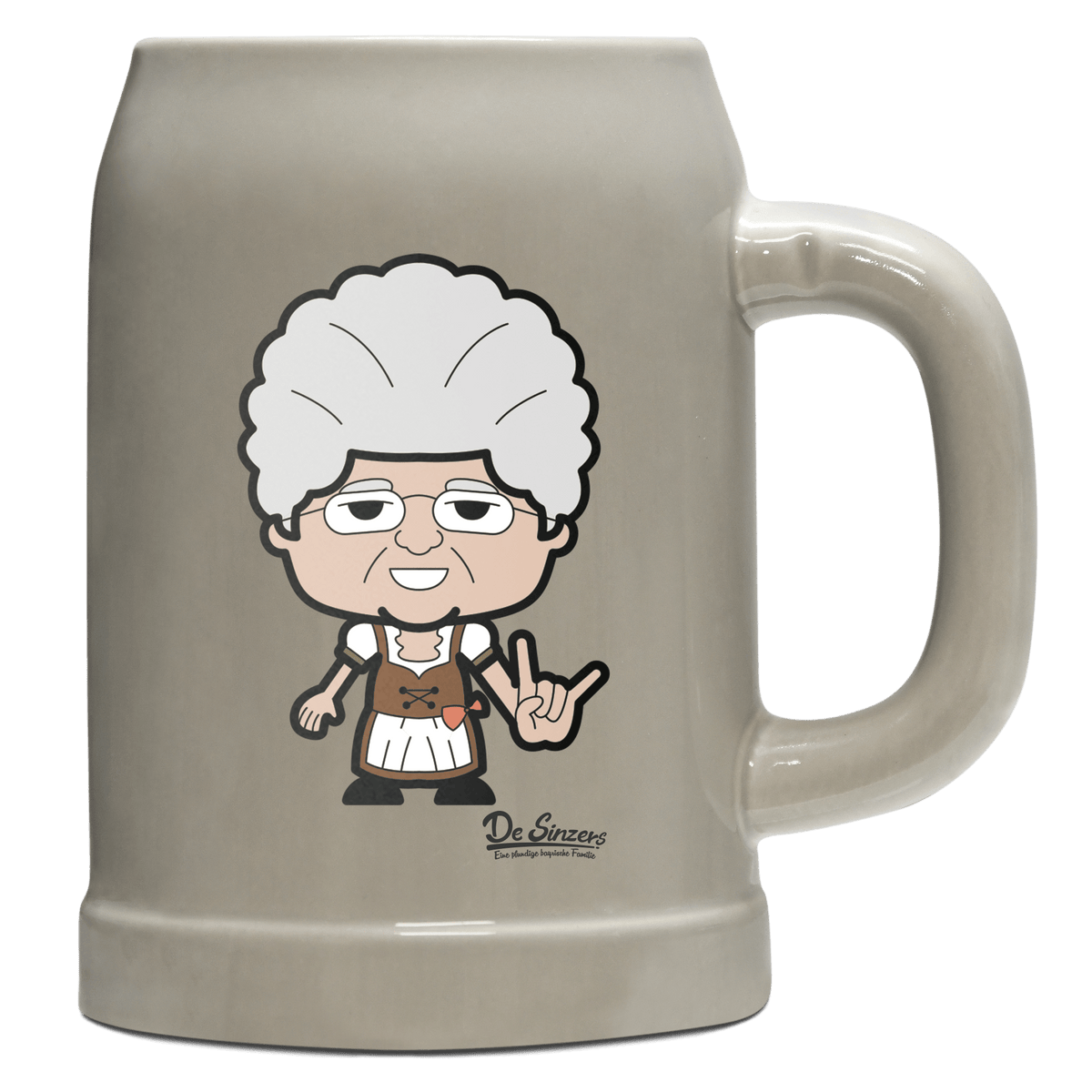 Die Oid Sinzerin Rocking Fingers Bierkrug 500ml Grau Watzmann Front
