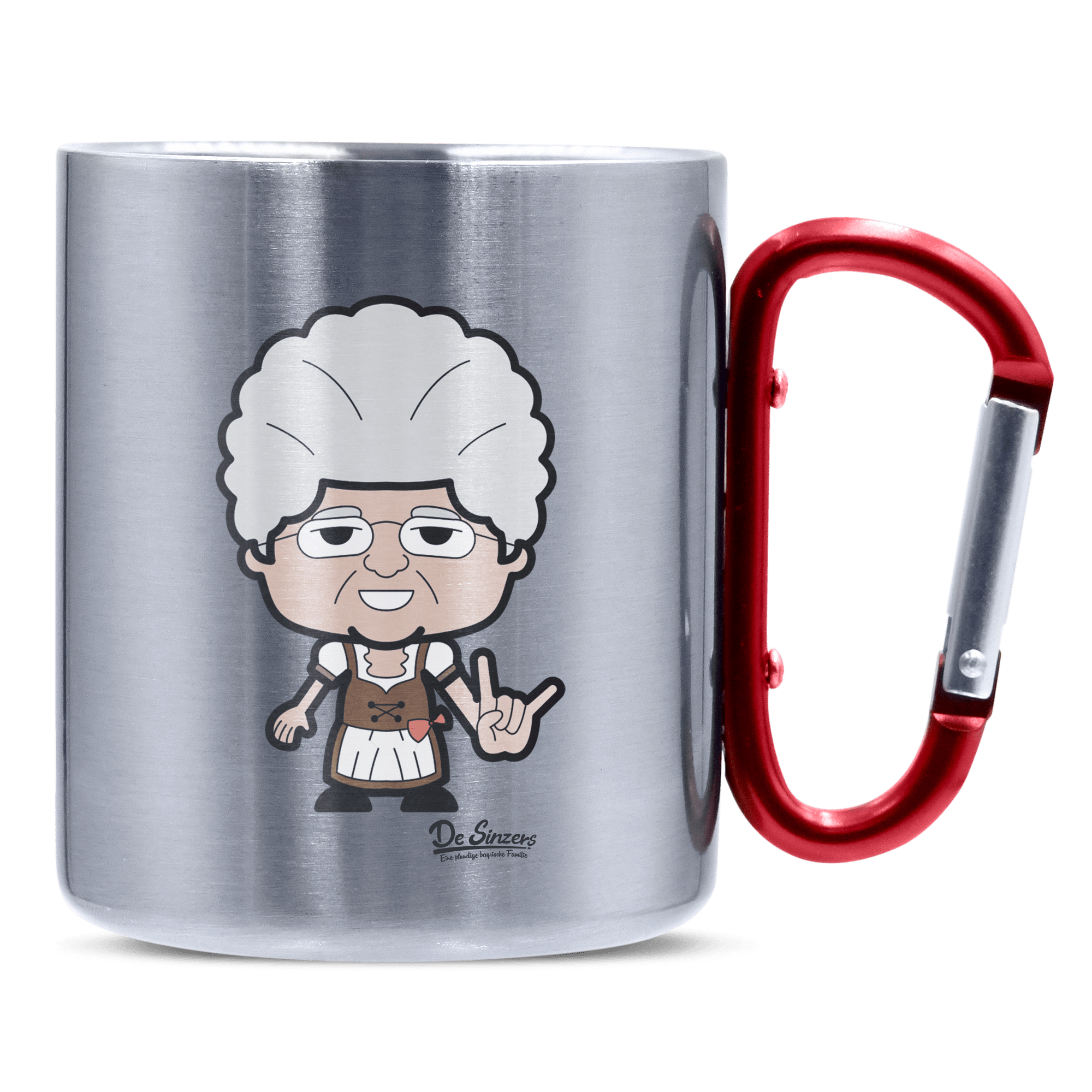 Die Oid Sinzerin Rocking Fingers Edelstahl Kaffeetasse roter Karabiner 320ml Kitzstein Front