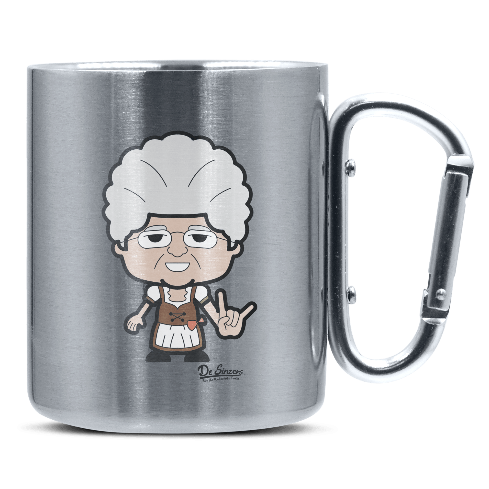 Die Oid Sinzerin Rocking Fingers Edelstahl Kaffeetasse silberer Karabiner 320ml Grosser Traithen Front