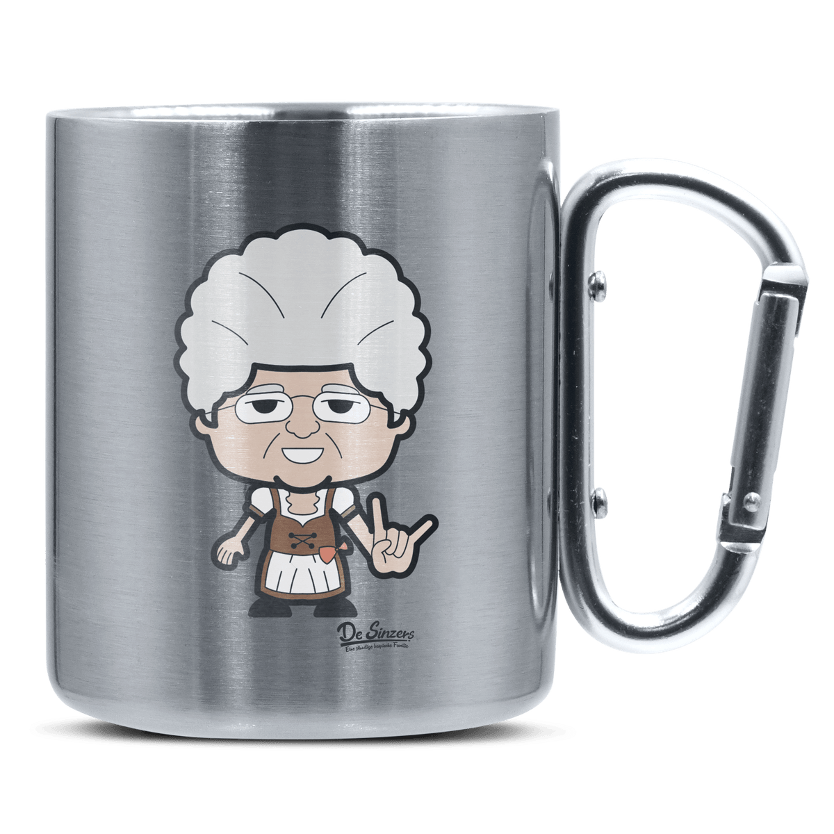 Die Oid Sinzerin Rocking Fingers Edelstahl Kaffeetasse silberer Karabiner 320ml Grosser Traithen Front