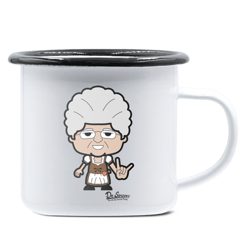 Die Oid Sinzerin Rocking Fingers Emaille Tasse 375ml Weiss Schwarz Hochries Front